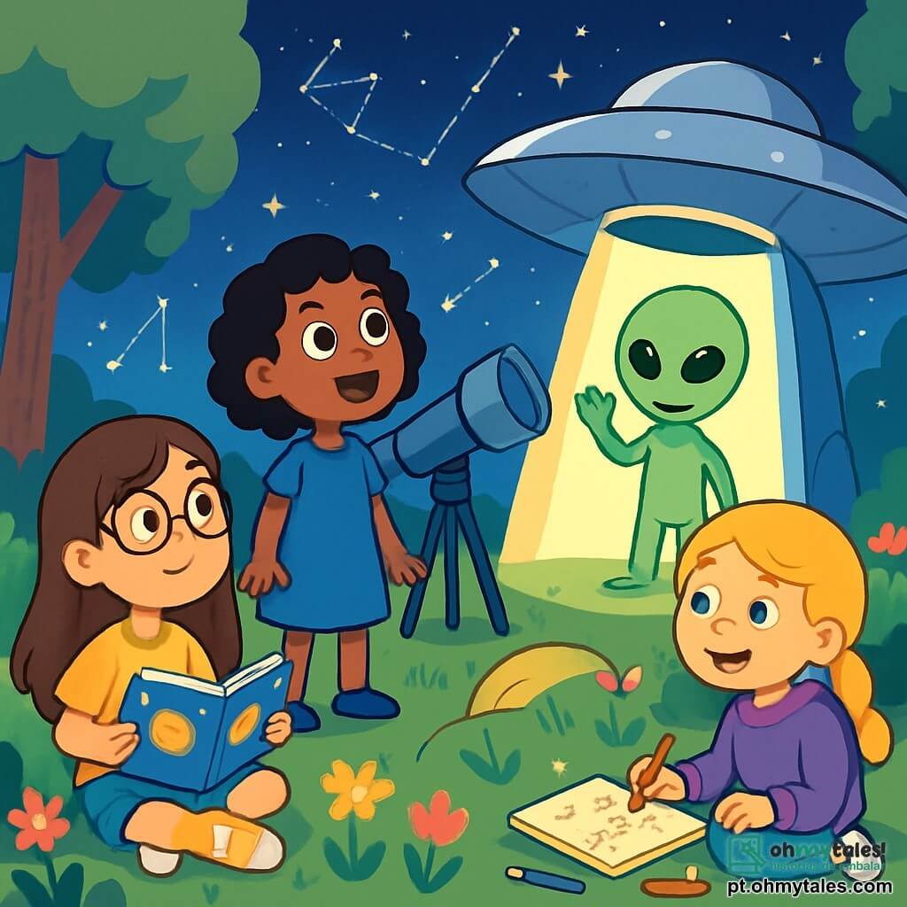 Há 3 personagens: - Sofia: uma menina de 9 anos, com longos cabelos castanhos e óculos redondos. Ela usa uma camiseta amarela com estrelas e está sentada na grama, segurando um livro sobre planetas. - Luna: uma menina de 9 anos, com cabelo curto e cacheado, de cor preta. Ela usa um vestido azul e está em pé, olhando maravilhada para a nave espacial que desce do céu. - Beatriz: uma menina de 9 anos, com cabelo loiro e uma trança. Ela usa um moletom roxo e está agachada, desenhando estrelas em um caderno com lápis de cor. O local é um jardim verdejante, cheio de flores coloridas e árvores majestosas sob um céu estrelado. No centro, um grande telescópio aponta para as constelações cintilantes. Ao fundo, um disco espacial prateado brilha, flutuando suavemente acima do solo. A cena principal mostra as três amigas, maravilhadas, enquanto um extraterrestre amigável, Ziko, sai da porta luminosa de sua nave. As meninas estão cercadas por uma aura de magia e excitação, prontas para embarcar em uma aventura intergaláctica.