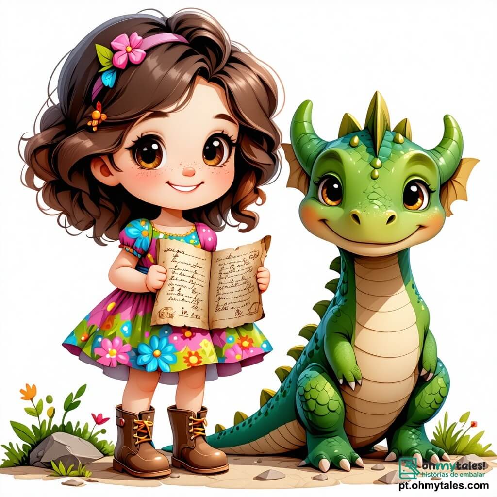 Clara, uma menina de 8 anos, tem grandes olhos brilhantes de curiosidade e cabelos castanho-claros cacheados que caem sobre os ombros. Ela usa um vestido colorido com estampas de flores e botas de borracha. Sorrindo entusiasticamente, segura um mapa do tesouro, pronta para explorar um mundo mágico. Ao seu lado está Draguinho, um pequeno dragão verde com escamas brilhantes e olhos redondos e alegres, que bate as asas com excitação, flutuando levemente acima do chão. Um pouco mais longe, Lila, uma pequena raposa de pelagem ruiva, os observa com um sorriso agradecido, seus olhos travessos e cauda espessa balançando alegremente. A cena acontece em uma bela floresta encantada, cheia de árvores de troncos coloridos, flores luminosas que parecem dançar ao vento e um riacho cintilante que serpenteia pela paisagem. Clara, Draguinho e Lila estão juntos, prontos para descobrir as maravilhas da floresta, enquanto um suave raio de sol filtra pelas folhas, iluminando seu caminho de aventura.