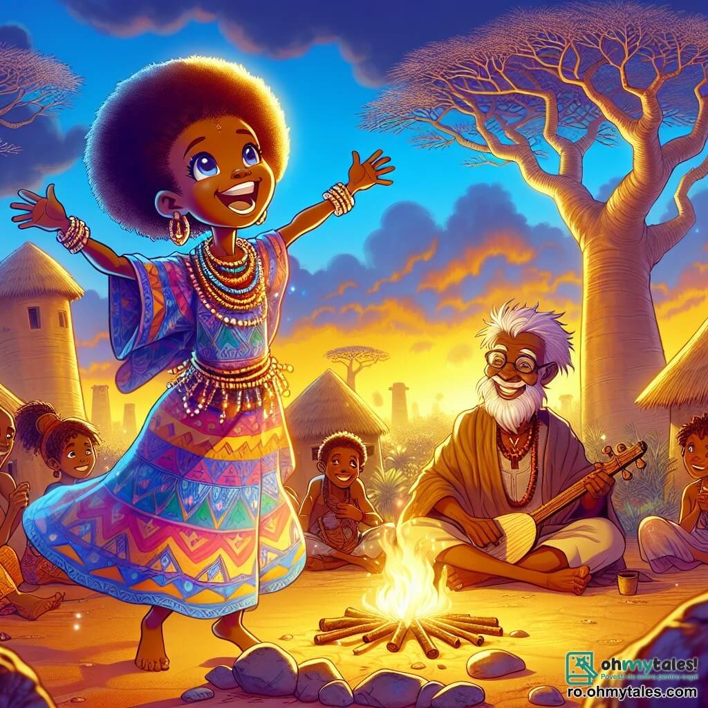 Ayo, o tânără africană de aproximativ 12 ani, se află în centrul imaginii, cu ochii strălucitori și un zâmbet larg care exprimă curiozitate și bucurie. Ea poartă o rochie colorată cu motive tradiționale și un colier de mărgele care strălucește în soare. Ayo dansează vesel în jurul unui foc de tabără, cu brațele ridicate spre cer, ca și cum ar sărbători viața. Lângă ea, un băiat de 10 ani, cu părul creț și o tunică din țesătură ușoară, cântă la kora, un instrument tradițional cu corzi, zâmbind către Ayo, adăugând la atmosfera festivă. În fundal, un bărbat în vârstă, înțeleptul satului, de aproximativ 70 de ani, cu o barbă lungă și ochi înțelepți, observă scena cu un zâmbet binevoitor, așezat pe o piatră. Locul este un sat african pitorești, cu case din lut și baobabi majestuoși care se ridică spre cer. Cerul este de un albastru profund, presărat cu nori albi, iar lumina soarelui apunând îmbăiază peisajul într-o strălucire aurie. Situația principală arată cum Ayo și sătenii se adună în jurul focului, sărbătorind muzica și dansul, împărtășind povești și râsete, ilustrând importanța comunității și bucuria de a trăi împreună.