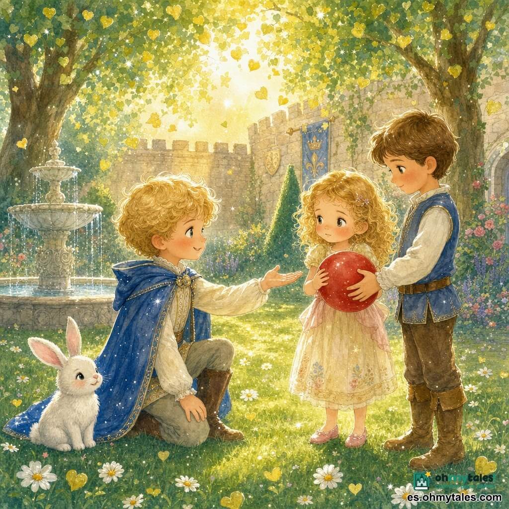 El príncipe (niño) está en el centro, sonriente y confiado, ojos brillantes, pelo rubio rizado, capa azul ligeramente brillante, arrodillado y tendiendo la mano para proponer un juego; una niña de rizos dorados (unos 6 años) sostiene un globo rojo y lo mira con duda que se vuelve tranquilidad; un niño de cabello castaño (unos 7 años) está de pie junto a ella, también sujetando el globo, atento y dispuesto a escuchar; junto al príncipe hay un pequeño conejo blanco de orejas rosas sentado en la hierba; el lugar es un jardín de castillo luminoso con césped verde y margaritas, una fuente de piedra con agua clara, árboles altos cuyas hojas caen como pequeños corazones y un muro de piedra cálida al fondo; la escena muestra resolución: niños que se escuchan, sonrisas compartidas y luz dorada del sol filtrándose entre las hojas, ambiente suave y apacible.