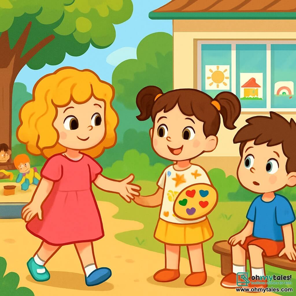 A 6-year-old girl, Emma, with curly golden hair, wears a bright pink dress. She has a shy yet determined smile, her eyes shining with hope as she approaches a group of children. Next to her, Mia, also 6, with pigtails and a floral blouse, smiles warmly while holding a colorful paint palette. Further away, Max, a 6-year-old boy with messy brown hair, looks on in surprise from a bench, a hesitant expression on his face. The scene takes place in a sunny schoolyard surrounded by tall trees with vibrant green leaves, with colorful drawings hanging on the classroom walls. The children joyfully play around a large sandbox, where colorful toys are scattered. The main situation shows brave Emma inviting Max to join her and Mia for play, illustrating a moment of kindness and inclusion in a joyful and welcoming environment.