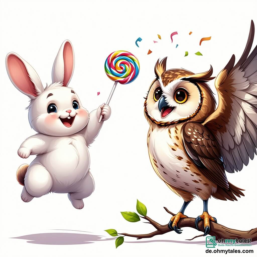 Ein kleiner Hase namens Hopsi mit weißem Fell und großen Ohren steht im Mittelpunkt des Bildes, springt vor Freude mit einem breiten Lächeln und hält einen riesigen bunten Lutscher in seinen Pfoten. Neben ihm sitzt eine weise Eule namens Elvira mit großen runden Augen und braunem Gefieder auf einem Ast, lacht und winkt ihm mit der Flügel. Ein brauner Bär namens Bruno mit einem runden Bauch und einem Partyhut sitzt auf dem Boden und genießt eine riesige Zuckerwatte, seine Augen strahlen vor Glück. Die Szenerie ist ein lebhafter Karneval, gefüllt mit bunten Ständen, schwebenden Ballons und Lichtergirlanden unter einem strahlend blauen Himmel. In der Ferne tanzen Tiere in festlichen Kostümen und haben Spaß. Die Szene zeigt Hopsi und seine Freunde, die einen Moment der Freude und Kameradschaft im Herzen des Festes genießen, umgeben von Lachen und leuchtenden Farben.