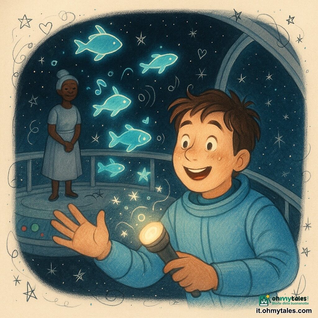 Il dottor Luca, sorridente e meravigliato, volto rotondo con lentiggini e capelli castani spettinati, indossa una tuta spaziale azzurro chiaro e tiene un microfono luminoso mentre tende la mano verso una piccola nuvola di creature luminose; la Signora Ada, donna di circa 60 anni con capelli grigi raccolti, in una veste argentata funzionale, osserva con benevolenza dalla piattaforma del Faro Gravità: una grande pedana metallica tonda color argento e blu con pulsanti rossi e verdi e una vasta vetrata su un cielo stellato profondo. Diverse piccole creature simili a pesci neon blu e turchese fluttuano attorno a Luca emettendo anelli di luce e note visive; Luca imita i loro bip dalla sua navetta aperta e si vedono scintille e onde sonore stilizzate. Stile grafico: colori vivaci, contorni morbidi, texture leggere, atmosfera calda e magica con doodle di stelle, note musicali e cuori; composizione: primo piano Luca e la nuvola luminosa, sullo sfondo la piattaforma e la Signora Ada, ampio spazio nero stellato per valorizzare la luce delle creature.