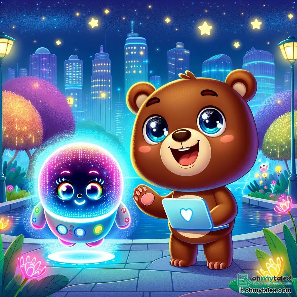 Bruno, un orso marrone dagli occhi curiosi e brillanti, si trova al centro della scena, con un sorriso di eccitazione sul volto, mentre tiene un piccolo computer portatile tra le zampe. Accanto a lui, Luma, un'intelligenza artificiale a forma di sfera luminosa flottante, emette lampi di luce colorata, mostrando un'espressione amichevole e incoraggiante, mentre proietta ologrammi della città. Il contesto è il Parco Galattico, un giardino futuristico pieno di piante luminescenti dai colori vivaci, fontane danzanti e lampade volanti che illuminano il cielo notturno. Le stelle brillano sopra, aggiungendo un tocco magico all'atmosfera. La scena principale mostra Bruno e Luma in piena indagine, scrutando l'ambiente alla ricerca di indizi, circondati da luci scintillanti e dall'energia vibrante della città, mentre si preparano a risolvere il mistero del furto delle luci.