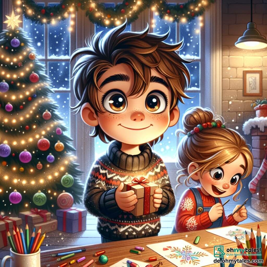 Ein 11-jähriger Junge, Max, mit zerzausten braunen Haaren und neugierigen, funkelnden Augen steht vor einem großen Weihnachtsbaum, der mit glitzernden Girlanden und bunten Kugeln geschmückt ist. Er lächelt begeistert und hält ein kleines Geschenk in den Händen, bereit es zu überreichen. Neben ihm sitzt seine 6-jährige Schwester Mia, mit langen, geflochtenen blonden Haaren und einem roten Pullover mit Schneeflockenmustern, und zeichnet Grußkarten auf einem Holztisch, umgeben von bunten Stiften. Ihre Mutter, eine Frau in den Dreißigern mit braunen, hochgesteckten Haaren und einer Schürze, backt Kekse in der Küche, die im Hintergrund sichtbar ist, während sie Weihnachtslieder singt. Die Szene spielt sich in einem gemütlichen Wohnzimmer ab, das von sanften Lichtern erleuchtet und mit über dem Kamin hängenden Strümpfen dekoriert ist, während draußen sanft Schneeflocken durch das Fenster fallen. Max, voller Begeisterung, ist bereit, die Magie von Weihnachten mit seiner Familie zu teilen und schafft eine fröhliche, festliche Atmosphäre, in der Liebe und Freude mit dem Geist der Feiertage verschmelzen.