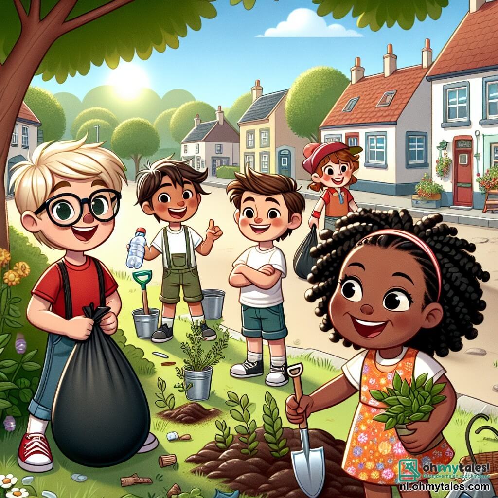 In een zonnig dorpje staan zes kinderen samen in een groen park. Links staat Finn, een 10-jarig jongetje met blond haar en een bril, die glimlacht terwijl hij een grote vuilniszak vasthoudt. Naast hem wijst Emma, een 9-jarig meisje met bruin, krullend haar, naar een stuk plastic op de grond. Iets verderop heft Sam, een 10-jarig jongetje met kastanjebruin haar en een rood T-shirt, enthousiast een plastic fles op. Naast hem kijkt Noor, een 8-jarig meisje met zwarte vlechten, met glinsterende ogen en houdt een kleine schep vast. Achter hen plant Léo, een 9-jarig jongetje met zwart haar en een zonnebril, een jonge boom, terwijl Sophie, een 9-jarig meisje met blond haar en een kleurrijke jurk, vrolijk applaudisseert. Het park is gevuld met kleurrijke bloemen, groene bomen en een stralende blauwe lucht, terwijl een groep donkere wolken aan de horizon wegdrijft, wat de klimaatverandering symboliseert. De kinderen, verenigd in hun missie, benadrukken het belang van zorg voor de natuur door afval op te ruimen en bomen te planten, waarmee ze hun inzet voor een betere toekomst illustreren.