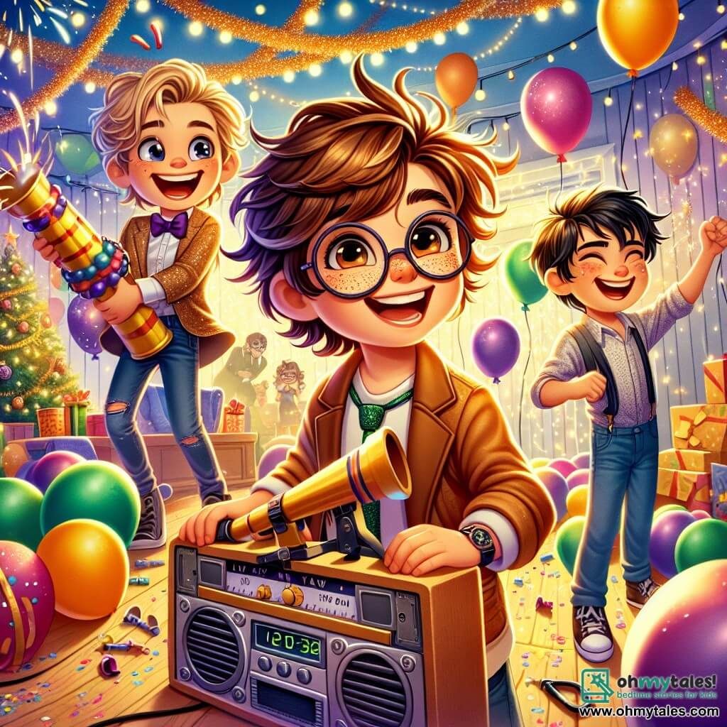 Max, a 10-year-old boy with messy brown hair and round glasses, stands in the center of the scene, smiling widely while holding a colorful cardboard sign that says "Happy New Year!" To his right, Leo, an 11-year-old boy with blonde hair and sparkling eyes, is preparing a balloon cannon, his arms loaded with multicolored balloons. On the left, Sam, a 10-year-old boy with black hair and sunglasses on his forehead, adjusts the music on a small speaker, his face lit up with excitement. The scene takes place in Max's living room, decorated with sparkling garlands and balloons hanging from the ceiling. Twinkling lights illuminate the room, creating a festive atmosphere. In the background, guests are laughing and dancing, while a large clock shows that midnight is approaching. In this illustration, the three friends are busy preparing for their amazing New Year's party surprise, surrounded by bright colors and a joyful atmosphere, ready to explode the party with balloons and music.