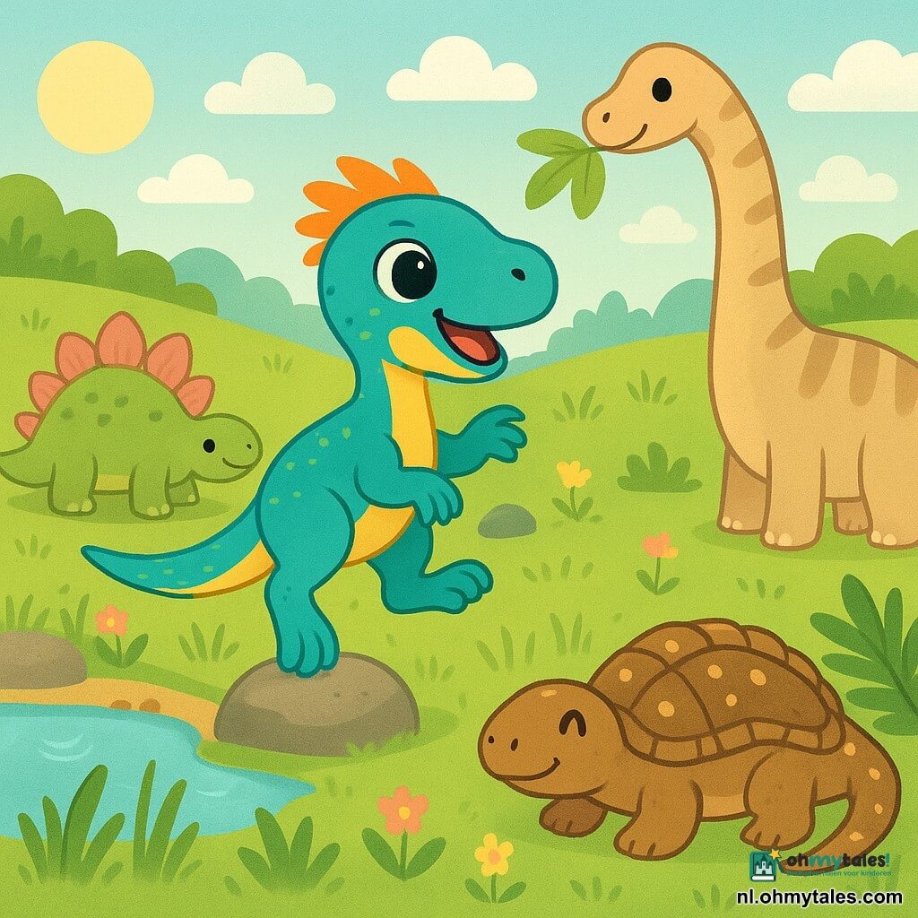 Een vrolijke vélociraptor Rani met kleine turquoise en gele veren, grote glanzende ogen en een kleine oranje kam, springt van steen naar steen terwijl ze één poot optilt; links zit een vriendelijke stegosaurus zachtgroen met roze platen bij een vijvertje en kijkt naar Rani; rechtsachter een zachtaardige brachiosaurus met een lang beige gestreept nek die een blad aanbiedt; op de voorgrond onder een grote varen ligt een robuuste ankylosaurus met bruine schild en gouden accenten, zijn staart rondgelegd; achtergrond: golvende groene vlakte met hoge lichtpuntige grassen, fonkelende riviertjes, glinsterende stenen, kleurrijke bloemen en een lichtblauwe lucht met wat wolken; sfeer warm en uitnodigend, felle kleuren, eenvoudige texturen en afgeronde vormen, compositie duidelijk en gecentreerd op Rani.