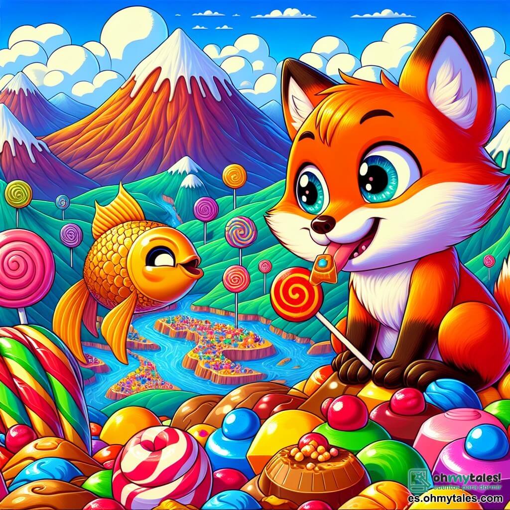 Rufi, un pequeño zorro de pelaje rojo brillante y ojos chispeantes de curiosidad, se encuentra en la cima de una montaña de dulces coloridos, con una gran sonrisa en su rostro, maravillado por la vista panorámica del paisaje. A su lado, un pez dorado de escamas brillantes y ojos traviesos, flotando en el aire, le guiña un ojo cómplice, expresando la alegría de la aventura que comparten. En el fondo, la montaña está cubierta de golosinas multicolores, con malvaviscos rosas, chupetines gigantes y ríos de chocolate que serpentean a través de un cielo azul brillante salpicado de nubes esponjosas. La escena principal muestra a Rufi, el zorro, saboreando un caramelo mientras admira el paisaje de ensueño, rodeado de golosinas, simbolizando la inocencia y la magia de la infancia.
