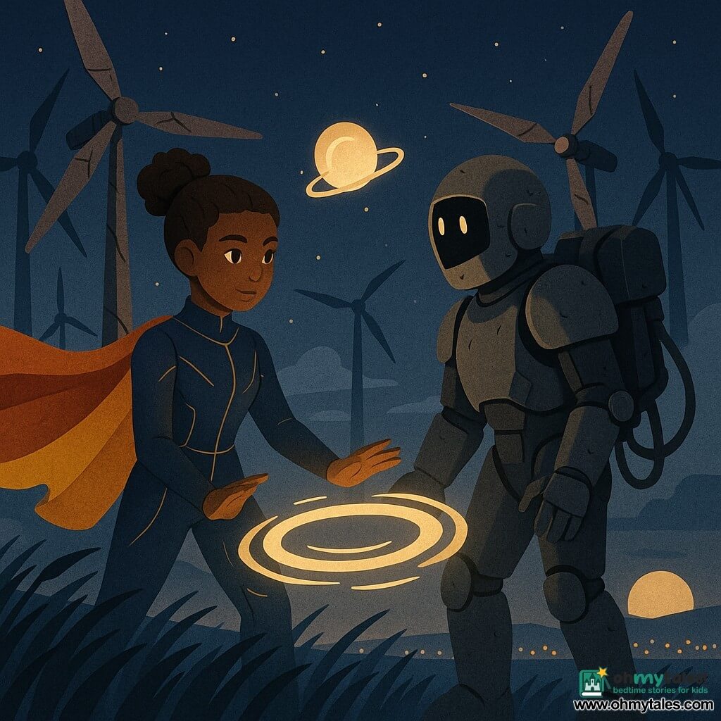 The main character is Solara, a serene, determined brown-skinned woman with curly hair in a high bun, wearing a midnight-blue suit with thin gold lines and a sunrise-colored cape; she stands with hands open, forming a luminous white-ochre ring of wind above the ground. Null, the secondary character, is a non-human robot in matte gray armor covered in dark plates, an empty mirror visor and a large cable-strewn backpack with some cables retracted, facing Solara and looking surprised and hesitant. Pip, a small non-human companion, is a floating cream-colored orb with faint rings that waltzes near Solara's right shoulder. The setting is the Wind Plain at night: tall grasses bent by wind, large cracked wood-and-metal windmills with turning blades, a low moon and a distant city glittering at the image edge. The scene shows a gentle confrontation turned truce: the energy ring spins the air around Null, turbines turn, and the atmosphere is dynamic yet calm, with cool night tones contrasted by the warm golden ring.