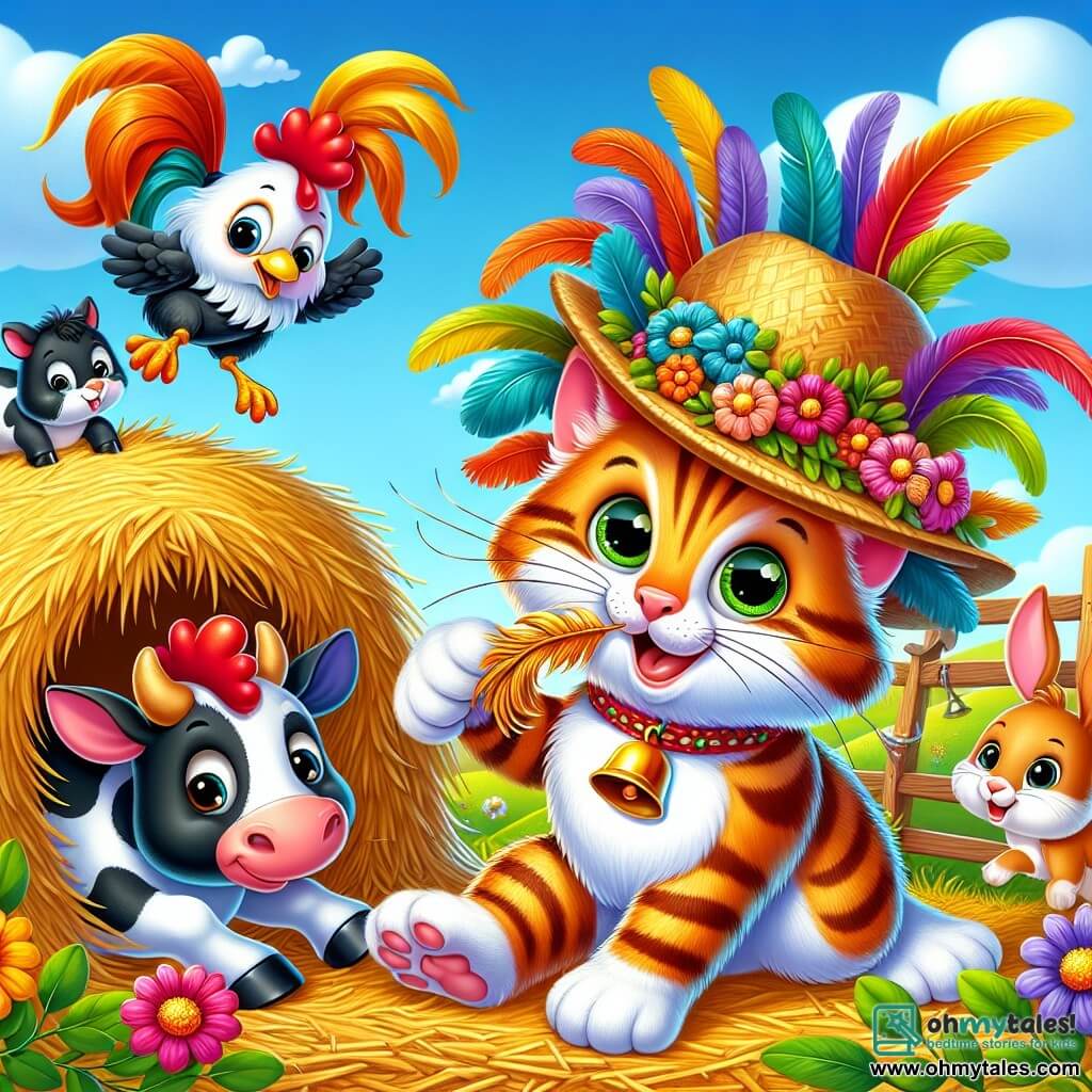 A mischievous cat with orange striped fur and sparkling green eyes, wearing a colorful feather hat, joyfully jumps on a pile of hay. Next to him, a gentle black and white cow with a bell around her neck watches with an amused smile. A small light brown rabbit with big ears happily hops along, holding a colorful flower in its paws. A rooster with red and yellow feathers, perched on a wooden fence, sings cheerfully while observing them. The scene takes place on a sunny farm surrounded by green fields and vibrant flowers, under a light blue sky with fluffy white clouds. Whiskers, the cat, tries to grab a shiny feather stuck to a tree branch but falls into the hay, causing his friends to burst into laughter.