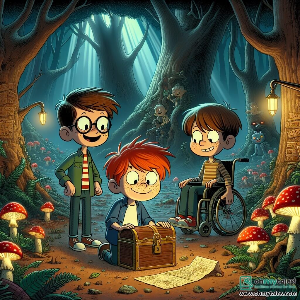 Three boys around 10 years old stand in a mysterious clearing in the heart of a dark forest. Max, with his bright red hair and freckles, is in the center, displaying an excited smile. To his right, Leo, with brown hair and round glasses, is intently studying an old map. On the left, Oliver, with chestnut hair and a warm smile, observes his friends from his wheelchair, his eyes sparkling with curiosity. The clearing is surrounded by imposing trees with gnarled trunks, their dark leaves casting eerie shadows on the ground. Rays of light filter through the branches, illuminating glowing mushrooms around them. In the center of the clearing stands a large ancient oak with rough bark, bearing mysterious inscriptions. The boys discover an old chest partially buried under leaves and are about to open it, their faces a mix of excitement and apprehension, as a gentle breeze rustles the leaves, adding to the scene's mystery.