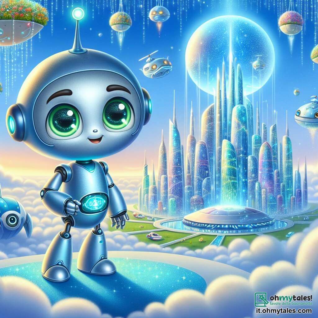 Zynon, un piccolo robot di metallo blu brillante con occhi verdi scintillanti e un sorriso curioso, si trova al centro della scena, meravigliato dalle bellezze della città futuristica. A destra, il Dr. Glix, un robot argentato di grande taglia con una testa a forma di sfera e luci lampeggianti, osserva Zynon con orgoglio, pronto a mostrargli le infinite possibilità del loro mondo. Lo scenario è una città galleggiante, Luminas, con grattacieli di cristallo scintillante e veicoli volanti colorati che attraversano l'aria, mentre giardini sospesi aggiungono un tocco di magia. Zynon scopre la bellezza di Luminas, affascinato dalla tecnologia e dalla natura che coesistono armoniosamente, mentre il Dr. Glix si prepara a rivelargli i segreti del loro futuro radioso.