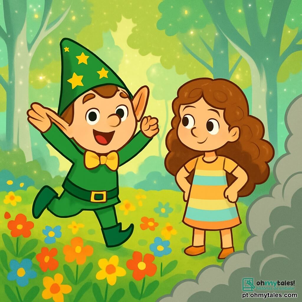 Um duende chamado Dindim, com um rosto alegre e olhos brilhantes, usa uma pequena gravatinha dourada e um chapéu pontudo enfeitado com estrelas cintilantes. Ele está pulando de alegria, com os braços levantados, no meio de um campo de flores vibrantes. Ao seu lado, Luna, uma menina de 7 anos, com cabelos longos e cacheados e um vestido leve em cores pastel, observa Dindim com um sorriso curioso, as mãos nos quadris. Eles estão em uma floresta encantada, onde árvores de troncos prateados se erguem majestosas, com folhas brilhantes cintilando sob a luz do sol. A cena principal mostra Dindim e Luna descobrindo uma névoa cinza que ameaça cobrir as flores coloridas, enquanto se preparam para enfrentar essa aventura juntos.