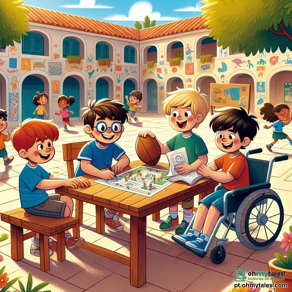 Em um pátio ensolarado, quatro crianças estão reunidas em torno de uma grande mesa de madeira. Pedro (menino, 10 anos) tem cabelos castanhos e usa óculos, sorrindo entusiasticamente com uma bola de futebol. Lucas (menino, 10 anos) tem cabelos loiros e usa uma camiseta azul, desenhando ideias em uma folha de papel. Tomás (menino, 10 anos) tem cabelos negros e usa um short vermelho, mostrando um esboço de jogo para os amigos. Miguel (menino, 10 anos) tem cabelos castanhos e usa uma cadeira de rodas, sorrindo enquanto segura um livro ilustrado. O pátio é cercado por muros coloridos, com desenhos de animais e flores, e árvores verdes oferecem sombra, enquanto crianças brincam ao longe. A cena principal mostra os quatro amigos colaborando alegremente para criar um jogo sobre inclusão, cercados por folhas de papel, lápis e risos, simbolizando amizade e criatividade.