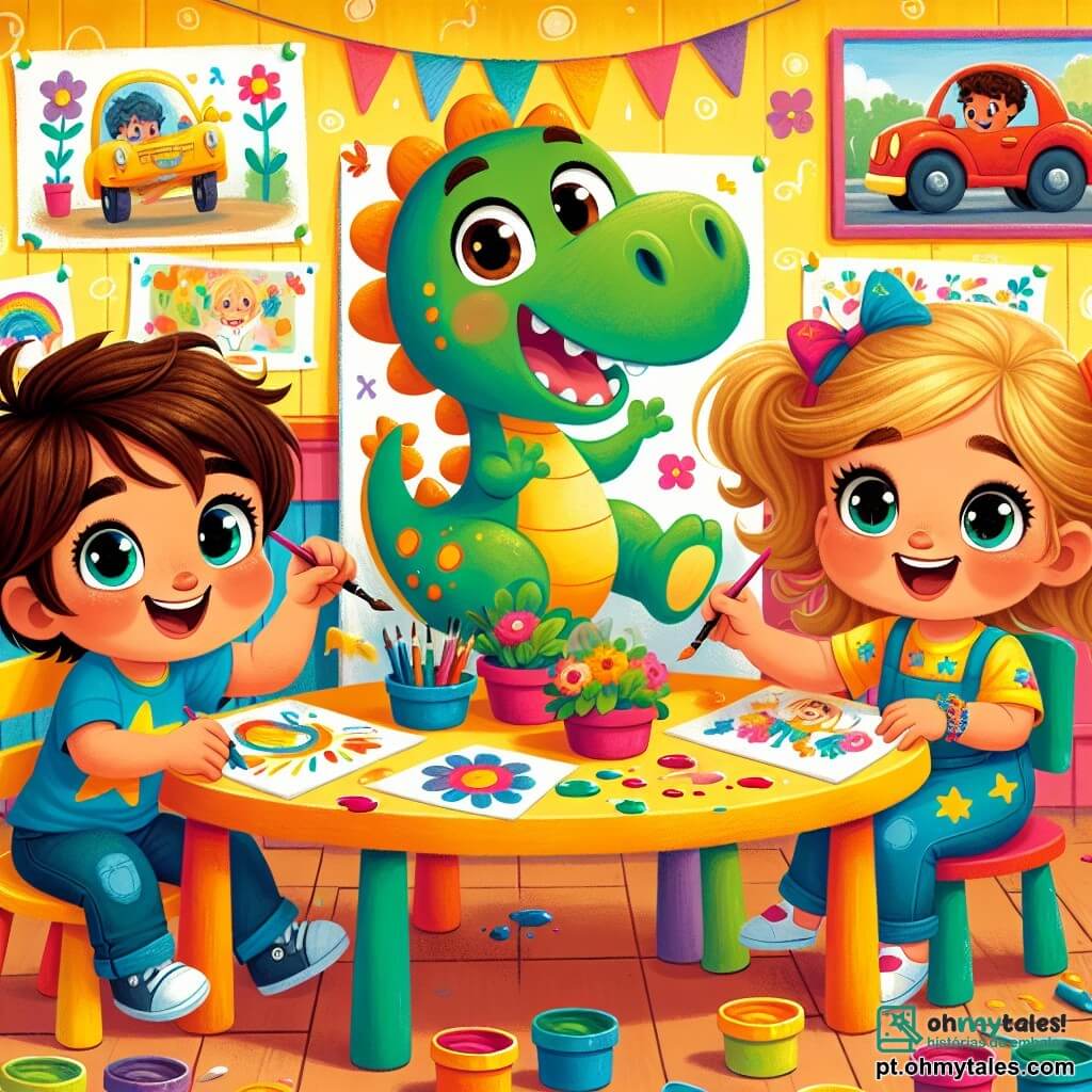 Um menino de 4 anos, Lucas, com cabelo castanho bagunçado e olhos brilhantes de alegria, está pintando um grande dinossauro verde em uma folha de papel, sentado em uma mesa colorida. Ele usa uma camiseta azul com estrelas e um grande sorriso no rosto, mostrando seu entusiasmo. Ao lado dele, uma menina de 4 anos, Sofia, com cabelo loiro preso em duas tranças e um bonito laço rosa, pinta flores coloridas e admira o dinossauro de Lucas, sorrindo com admiração. Um menino de 4 anos, Miguel, com cabelo preto e camiseta verde, está sentado um pouco mais longe, concentrado na pintura de um carro vermelho, rindo de vez em quando com seus amigos. A cena acontece em uma sala de aula iluminada, com paredes amarelas e desenhos de crianças pendurados por toda parte. Mesas de madeira estão dispostas em círculo, e potes de tinta colorida estão espalhados pelas mesas, criando uma atmosfera alegre e criativa. A situação principal mostra Lucas, Sofia e Miguel se divertindo juntos, cada um absorvido em sua pintura, enquanto compartilham risadas e incentivos, ilustrando a magia da amizade e da criatividade na escola.