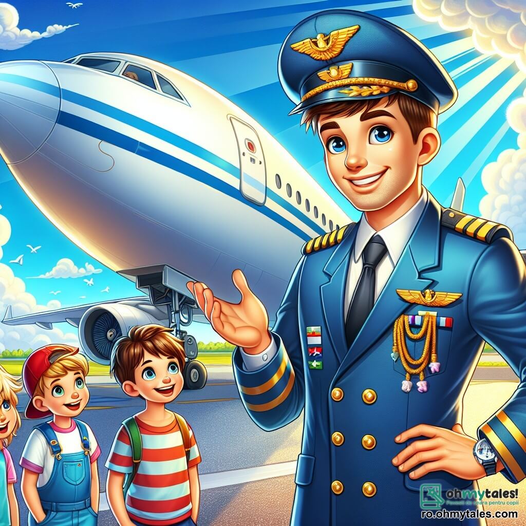 Un bărbat, căpitanul Andrei, zâmbitor și încrezător, poartă un uniformă de pilot albastră cu epauleți aurii. Părul său brun este ușor răvășit de vânt, iar ochii îi strălucesc de entuziasm în timp ce stă lângă avionul său mare alb, strălucind sub soare. Un grup de cinci copii, cu vârste între 7 și 10 ani, se află aproape de el. Un băiat cu părul blond, purtând un tricou roșu, ridică mâna punând o întrebare, în timp ce o fată cu părul brun, purtând o șapcă albastră, privește avionul cu uimire. Ceilalți copii, un băiat cu ochelari și o fată cu împletituri, discută între ei, captivați de povestea pilotului. Scena se desfășoară pe un aeroport animat, cu avioane colorate în fundal, nori pufoși plutind pe un cer albastru strălucitor și lucrători în uniformă care se ocupă de avioane. Situația principală arată căpitanul Andrei explicând copiilor cum pilotează avionul său, cu gesturi entuziaste, în timp ce ei îl ascultă cu atenție, cu ochii strălucind de admirație și curiozitate.