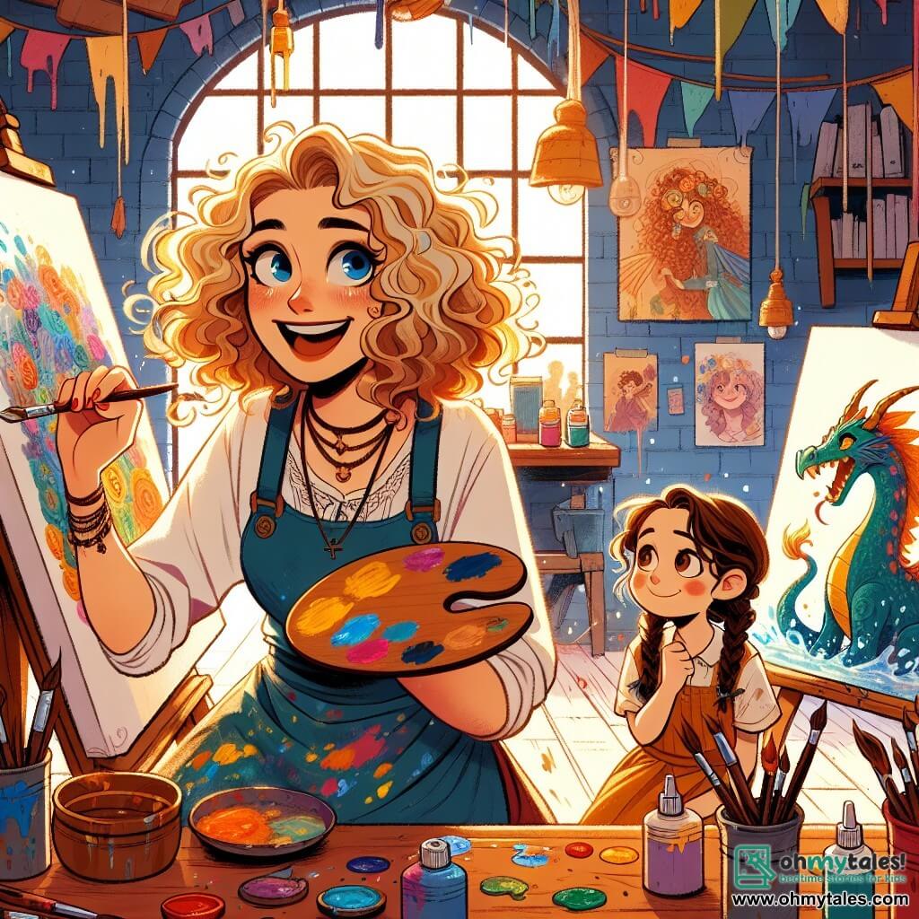 Clara, a curly-haired artist with golden locks, smiles enthusiastically, her eyes sparkling with joy as she mixes bright colors on her palette. She wears a paint-splattered apron, and her hands are covered in colorful stains. Next to her, Lily, an 8-year-old girl with braided brown hair and rosy cheeks, gazes in wonder at the dragon she just painted, her eyes shining with pride. The studio is a magical place filled with vibrant canvases, messy paint pots, and brushes that seem to dance on the tables. Sunlight filters through the windows, illuminating the walls covered in fantastic artworks. In this scene, Clara and Lily share a creative moment, surrounded by other children joyfully painting, each expressing their imagination through bright colors and fun shapes. The atmosphere is joyful and inspiring, filled with laughter and creativity.