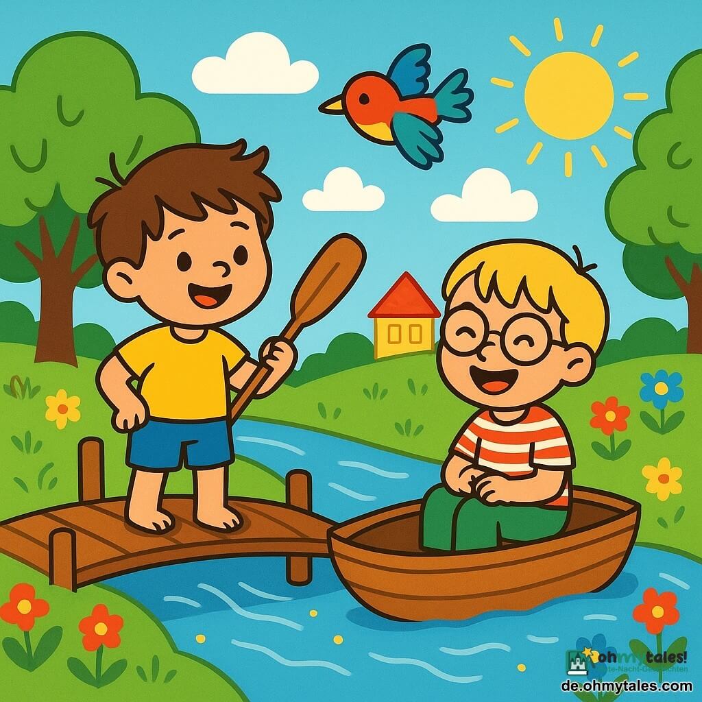 Es gibt zwei Hauptfiguren: Luca, ein 3-jähriger Junge mit zerzausten braunen Haaren, trägt ein gelbes T-Shirt und eine blaue Shorts. Er steht auf einer kleinen Holzbrücke, lächelt und hält ein Paddel. Ben, ein 3-jähriger Junge mit blonden Haaren und runden Brillen, trägt ein rot gestreiftes Hemd und grüne Hosen. Er sitzt in einem kleinen Holzboot und lacht fröhlich. Die Szene spielt in einer wunderschönen Landschaft am Ufer eines glitzernden Baches, umgeben von bunten Blumen und großen grünen Bäumen. Der Himmel ist blau mit einigen flauschigen weißen Wolken, und die Sonne scheint, wodurch goldene Reflexionen auf dem Wasser entstehen. Die Hauptsituation zeigt Luca und Ben, die fröhlich in ihrem kleinen Boot paddeln, während ein bunter Vogel über ihnen fliegt und sie zum geheimnisvollen Lichthaus führt, das in der Ferne leuchtet.