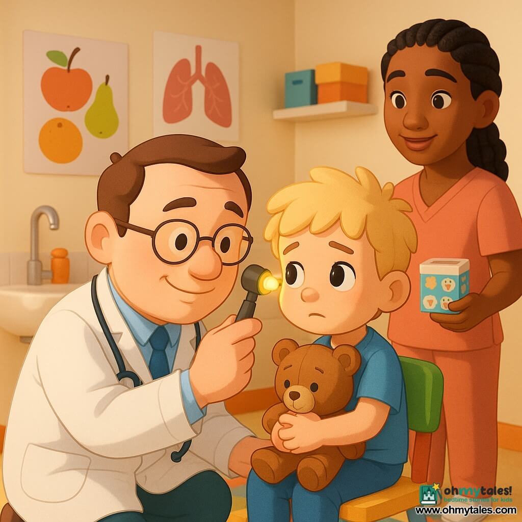 A calm, smiling male doctor with short brown hair and thin glasses kneels to the level of a 4-year-old boy, Sam, holding a small lit otoscope near his ear; Sam, with tousled blond hair, clutches a brown teddy, eyes wide and slightly worried, seated on a colorful chair to the doctor's left. Behind and to the right stands Mina, a smiling nurse in her 30s with caramel skin and braided hair, holding a box of bandages and stickers. The small, bright clinic has cream walls with orange accents, child-friendly posters of fruits and lungs, a shelf of colorful boxes, a sink with orange liquid soap, soft linoleum and a rainbow-patterned rug. The scene is a tender, reassuring ear exam with soft morning light on calm faces, a warm clean atmosphere, pastel color palette, and a mid-close composition centered on the doctor-child encounter.