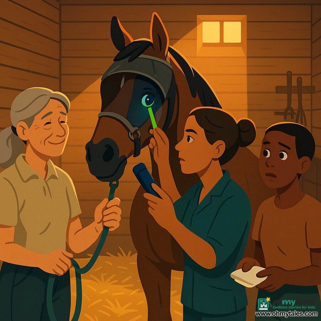 A female veterinarian, about 35, with a gentle concentrated face and brown hair in a bun, holds a blue light in one hand and a fluorescent strip in the other, leaning to examine a horse's eye; a female assistant, about 25, alert and slightly worried, short hair and practical T‑shirt, stands to the vet's right ready with a sterile compress; a female owner, about 60, sun‑creased but relieved, gray hair in a ponytail, stands slightly back to the left holding the horse's lead; the horse, Thunder, a large dark bay with ears forward and a watery left eye, wears a partially raised fly mask and shows a thin green fluorescent line under the blue light; the wooden stall with golden straw, hanging metal buckets, amber light from a high window and tidy tools creates a calm, secure atmosphere; main scene: the vet performs a delicate ocular exam, the blue light reveals the lesion as a small green streak, gestures slow and reassuring, the three humans forming a protective semicircle; flat contrasting colors, clear lines and simple shapes for immediate reading by children.