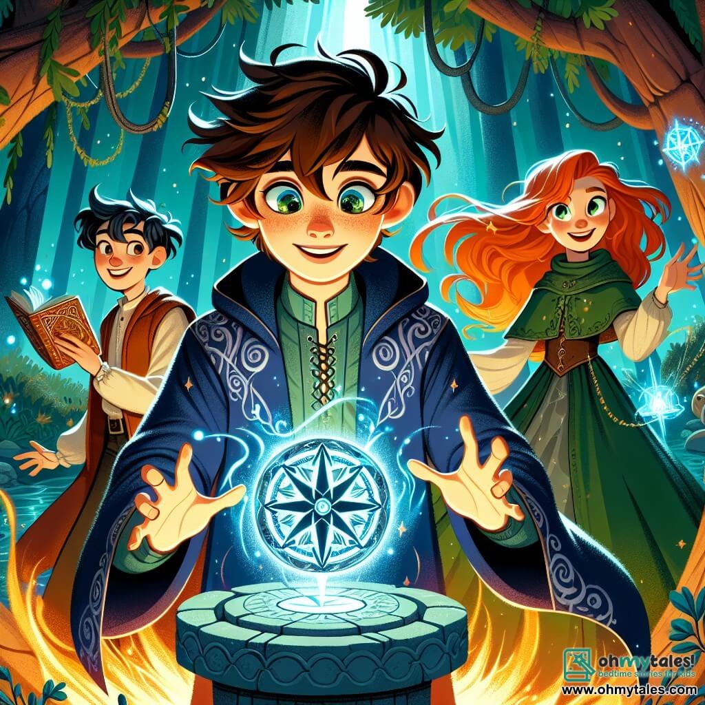 A young wizard named Eliot, around 12 years old, stands in the center of an enchanted clearing, his face illuminated by the glow of a powerful magical artifact, the Obsidian Compass. His messy brown hair and excited, determined eyes reflect his enthusiasm. He wears a midnight blue wizard robe adorned with silver patterns and reaches out to the Compass, which floats above a stone pedestal. Beside him, Lira, a young witch with fiery red hair and sparkling green eyes, watches in admiration, a radiant smile on her face. Dressed in a green witch robe, she stands confidently with her hands on her hips. A little further back, Felix, a boy with tousled brown hair and a mischievous smile, holds a magical map, his eyes shining with excitement, ready to guide his friends. The scene takes place in a mystical forest, where twisted trees with shimmering leaves create a fairy-tale atmosphere. Glowing vines hang from the branches, and magical creatures hide in the shadows, adding a touch of mystery to the environment. The main situation shows Eliot, Lira, and Felix united in their quest to retrieve the Compass, facing the magic of the shadows around them, ready to tackle the challenges awaiting them in this fantastical world.