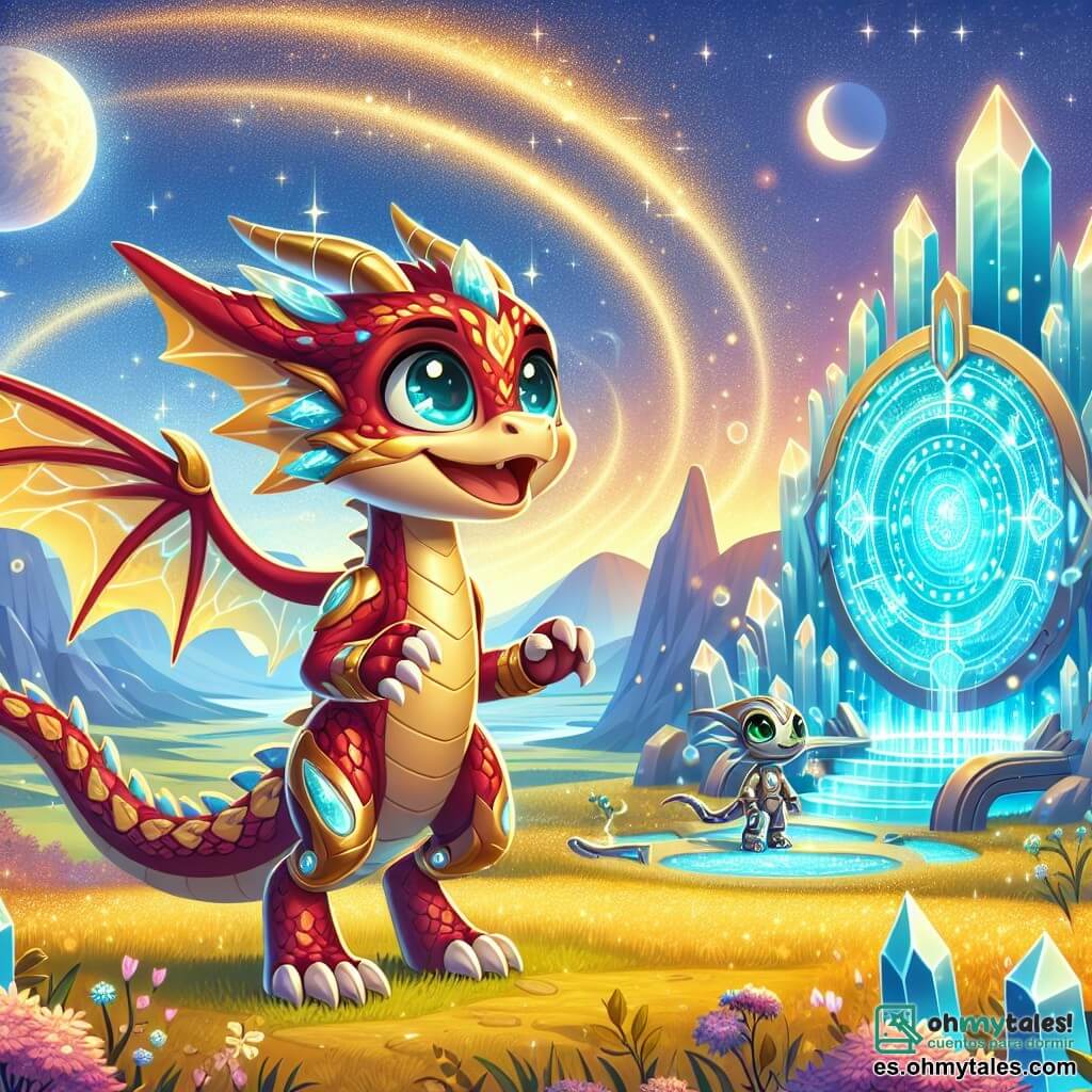 Ilustración que representa a una joven drakos, una criatura fantástica de color rojo y oro, con escamas brillantes y alas translúcidas que brillan bajo la luz de las estrellas. Ella expresa una determinación alegre, con los ojos llenos de emoción, mientras se encuentra frente a un inmenso portal de cristal azul, iluminado por destellos de luz mágica. A su lado, un ser metálico, parecido a un felino, con ojos verdes esmeralda y articulaciones brillantes, observa el portal con curiosidad. El lugar principal es un vasto valle bañado en luz dorada y plateada, con colinas ondulantes y cristales brillantes que emergen del suelo, creando una atmósfera mística y tecnológica. La situación muestra a la joven drakos y al ser metálico listos para activar una antigua tecnología que podría cambiar el destino de su mundo, mientras destellos de luz giran a su alrededor, simbolizando el poder y la magia del portal. Otros elementos gráficos incluyen patrones de constelaciones en el cielo, flores luminosas en el suelo y sombras danzantes creadas por la luz del portal, reforzando la atmósfera de misterio y aventura.