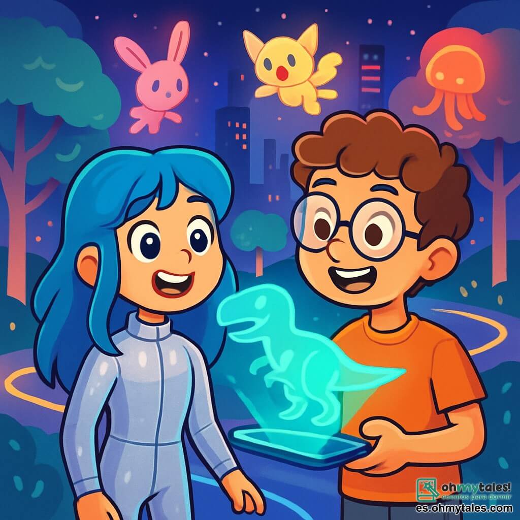 Una niña de 12 años, llamada Luna, está en el centro de la imagen, con grandes ojos brillantes y cabello largo y ondulado de un azul brillante. Lleva un traje futurista plateado que brilla bajo las luces de la ciudad, y su rostro expresa una alegría maravillada. A su lado, un niño de 12 años, Alex, con cabello rizado y gafas redondas, sonríe mientras le muestra un holograma de un dinosaurio que cobra vida en el aire. Ambos están en un parque de realidad aumentada, donde árboles luminosos rodean senderos de luz y criaturas fantásticas flotan a su alrededor. La escena principal muestra a Luna y Alex jugando juntos, riendo y maravillándose ante los hologramas coloridos que los rodean, creando una atmósfera mágica y alegre.