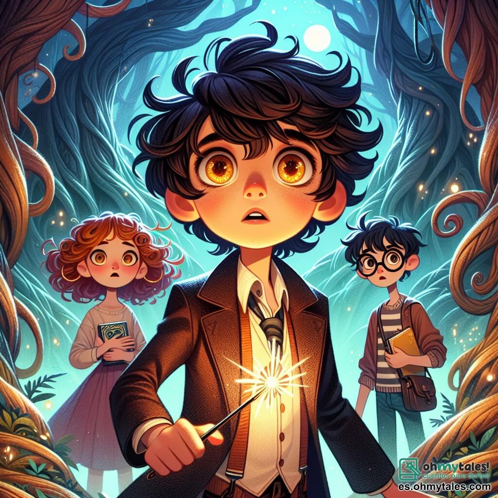 Un joven aprendiz de mago, Elian, de unos 12 años, se encuentra en el centro de la escena. Tiene el cabello negro y despeinado, ojos color ámbar llenos de emoción y determinación. Agita una pequeña varita brillante, con una expresión de valentía en su rostro. A su lado, su mejor amiga Kaia, una niña de 12 años con cabello rizado y pelirrojo, sonríe con entusiasmo, sosteniendo una linterna mágica que brilla con una luz suave y colorida. Un poco más atrás, Milo, un chico tímido de 12 años, observa con inquietud, sus gafas deslizándose por su nariz, con un pequeño cuaderno en la mano. La escena se desarrolla en el misterioso Bosque de los Susurros, un lugar encantado con árboles majestuosos y torcidos cuyas hojas brillan bajo la luz de la luna. Elian, Kaia y Milo se enfrentan a una cueva oscura, donde una luz azul emana de un antiguo medallón en un pedestal. Están a punto de descubrir el secreto del medallón de Lira, pero una sombra amenazante se perfila detrás de ellos, añadiendo tensión a la escena.