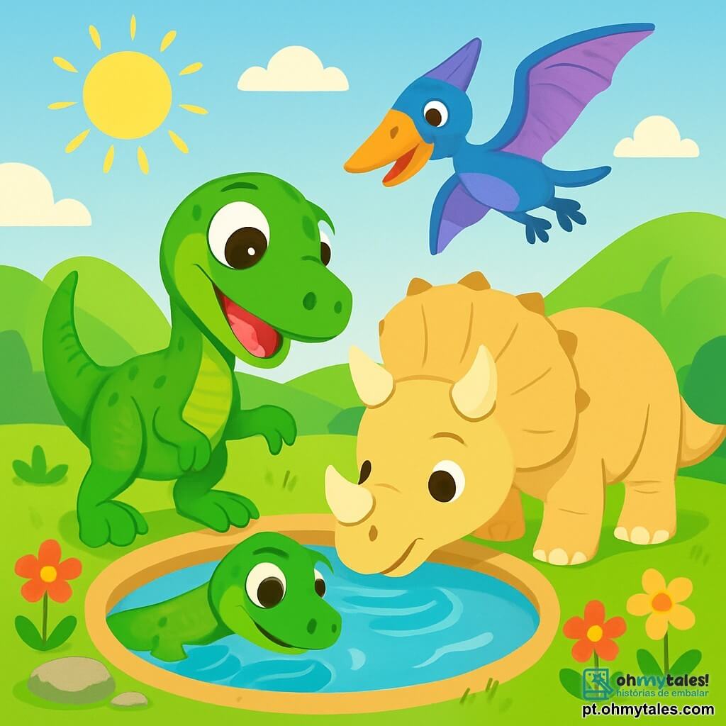 Um velociraptor com escamas verdes brilhantes, grandes olhos curiosos e um sorriso alegre, está à beira de uma poça de água clara, admirando seu reflexo. Ao lado dele, um tricerátopo de pelagem bege suave, com grandes chifres e um olhar amigável, se inclina para beber água, suas patas robustas firmes no chão. Ao fundo, um pterodáctilo de asas coloridas, com plumagem azul e roxa, voa alegremente acima da cena, seus olhos brilhando de felicidade. O local é um lindo vale verdejante, com colinas ondulantes, flores vibrantes e pedras cintilantes ao redor da poça, sob um céu ensolarado. A cena principal mostra os três amigos compartilhando um momento de alegria e amizade, explorando juntos a beleza de seu mundo pré-histórico.