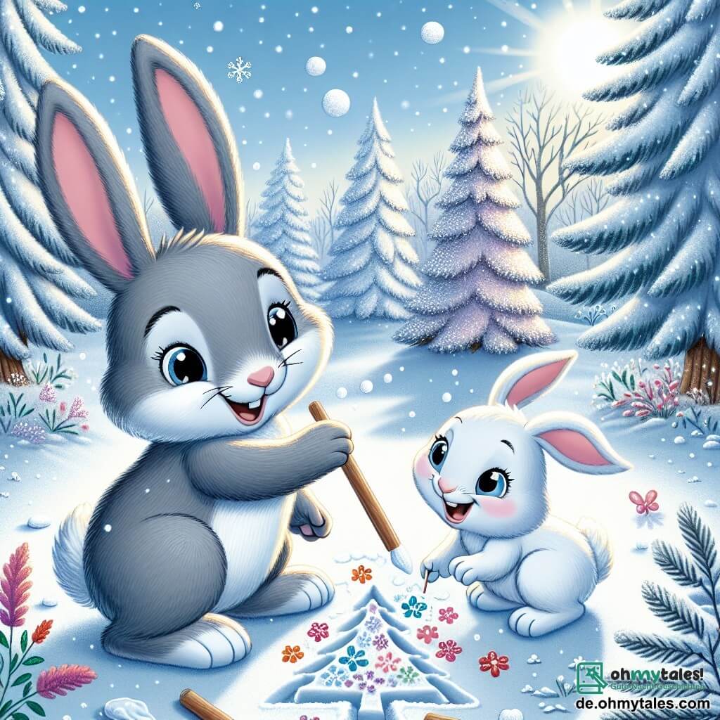 Ein kleiner grauer Hase namens Felix mit großen Ohren und einem fröhlichen Lächeln zeichnet mit einem Stock im Schnee. Seine Augen leuchten vor Aufregung, während er einen großen schneebedeckten Baum kreiert. Neben ihm hält seine beste Freundin, ein kleines weißes Kaninchen namens Mia mit rosigen Wangen und funkelnden Augen, ebenfalls einen Stock und fügt farbige Blumen in den Schnee ein, während sie vor Freude lacht. Die Szenerie ist ein wunderschöner Winterwald, in dem die Bäume mit glitzerndem Schnee bedeckt sind und der Boden ein funkelnder weißer Teppich unter dem sanften Licht der Wintersonne ist. Sanfte Schneeflocken fallen vom hellblauen Himmel und verleihen der Szene einen magischen Touch. Felix und Mia, zwei unzertrennliche Freunde, schaffen gemeinsam ein Meisterwerk im Schnee und verwandeln die winterliche Landschaft in eine farbenfrohe Leinwand voller Freude und Fantasie.