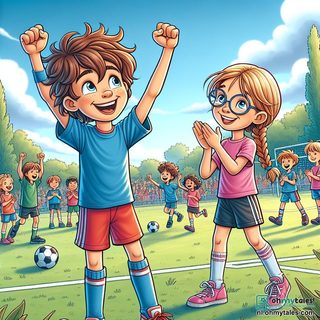 Een 12-jarige jongen, Max, met rommelig bruin haar en een grote glimlach, staat in het midden van een sportveld. Hij draagt een blauwe t-shirt en een rode short, en hij steekt zijn armen in de lucht als teken van overwinning, wat zijn vreugde en enthousiasme toont. Naast hem staat zijn beste vriendin Sara, een 11-jarig meisje met gevlochten blond haar en een bril, die enthousiast applaudisseert met een stralende glimlach. Ze draagt een roze t-shirt en een zwarte short, en staat iets naar achteren, Max energiek aanmoedigend. De locatie is een open sportveld, omringd door groene bomen en een stralende blauwe lucht. Kinderen van verschillende achtergronden spelen om hen heen, sommigen spelen voetbal, anderen schilderen kleurrijke posters over gendergelijkheid. De belangrijkste situatie toont Max en Sara die het einde van een geslaagde dag vol spelletjes en activiteiten vieren, waar ze hebben bewezen dat jongens en meisjes samen kunnen werken en plezier kunnen hebben, wat de geest van gelijkheid en kameraadschap belichaamt.