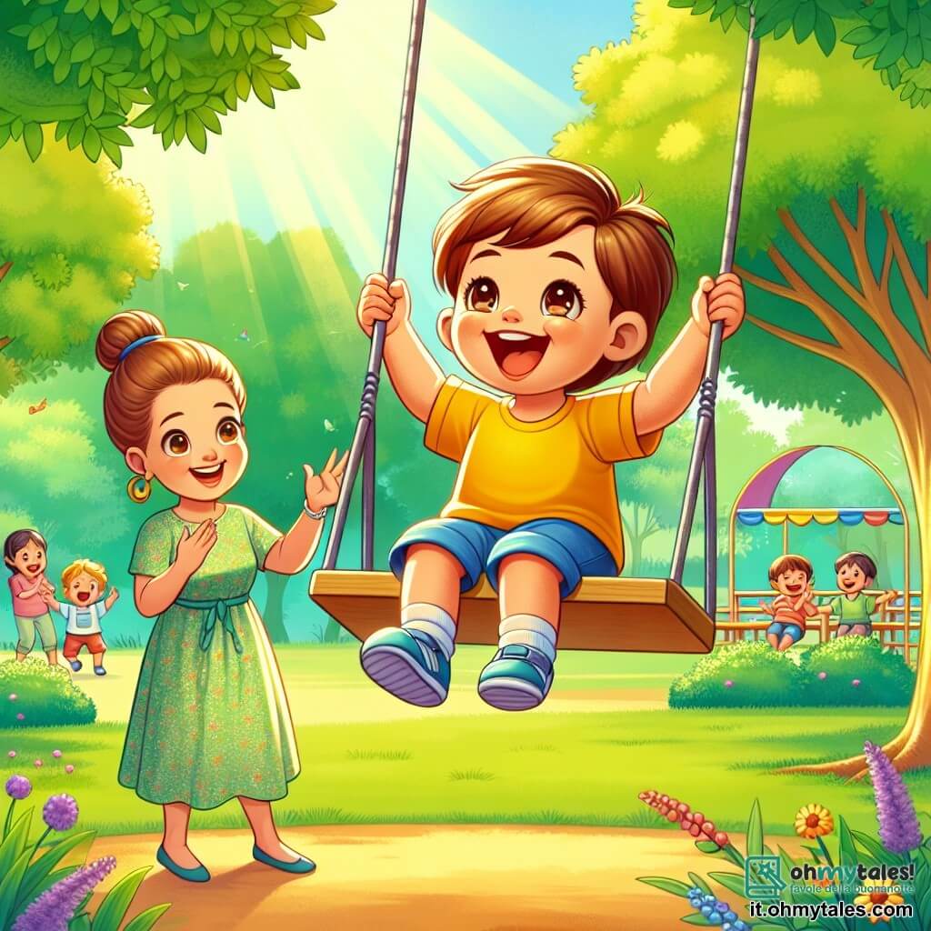 Un bambino di 2 anni, con capelli castani e occhi pieni di gioia, è seduto su un'altalena in un parco soleggiato. Indossa una maglietta gialla e pantaloni corti blu, ridendo mentre si dondola in alto con le braccia alzate. Accanto a lui, la mamma, una donna di circa trent'anni con capelli castani raccolti, lo guarda sorridendo. Indossa un vestito leggero a fiori e si trova vicino all'altalena, pronta a spingerlo dolcemente. Il parco è pieno di verde, con alberi maestosi e fiori colorati. In lontananza, altri bambini giocano su un grande scivolo e amici ridono attorno a un tavolo da picnic. Il bambino si diverte sull'altalena, vivendo un momento di gioia e libertà, mentre la mamma lo incoraggia con tenerezza.
