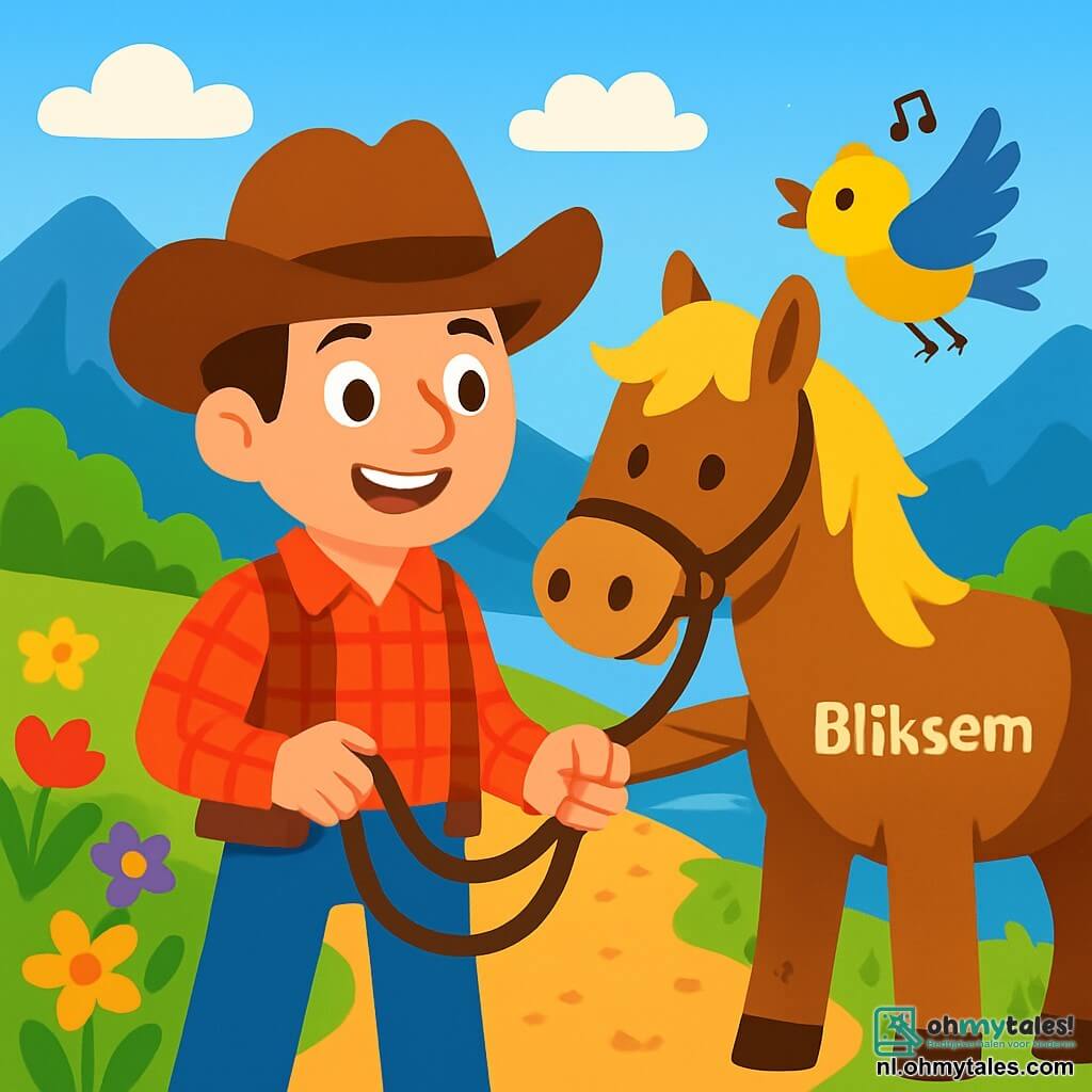 Een glimlachende cowboy, een man van rond de dertig, draagt een grote vilten hoed en een rood geruite shirt. Zijn ogen stralen van opwinding en nieuwsgierigheid terwijl hij op een zandpad staat, de teugels van zijn paard vasthoudend. Naast hem staat een robuust paard genaamd Bliksem, met een gouden manen en een bruine vacht, dat aandachtig naar zijn meester kijkt. Een klein kleurrijk vogeltje met gele en blauwe veren vliegt vrolijk om hen heen en zingt een vrolijke melodie. De omgeving is een groene vallei, omgeven door majestueuze bergen onder een stralende blauwe lucht met enkele donzige witte wolken. Heldere wilde bloemen in rood, geel en paars bedekken de grond en voegen een vleugje magie toe aan de scène. De belangrijkste situatie toont de cowboy en zijn paard die klaar zijn om een brede rivier over te steken, met een oude houten brug die licht kraakt onder hun stappen. De vastberaden uitdrukking op Sam's gezicht en Bliksem's enthousiasme creëren een sfeer van avontuur en kameraadschap.