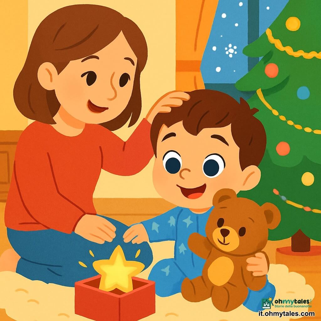 Un bambino di 2 anni, Marco, con grandi occhi brillanti e un sorriso radioso, è seduto su un tappeto morbido, tenendo un orsacchiotto tra le braccia. Indossa un pigiama blu a stelle e il suo viso esprime una gioia intensa. Sua madre, una donna dolce di circa 30 anni con capelli castani e un caldo maglione rosso, è vicino a lui, sorridendo teneramente mentre gli accarezza i capelli. L'ambiente è un salotto accogliente, decorato per Natale, con un grande albero verde che scintilla di luci colorate e ghirlande dorate. Fiocchi di neve cadono dolcemente all'esterno attraverso una finestra, creando un'atmosfera magica. In questa scena, Marco scopre una piccola scatola rossa sotto l'albero di Natale, che apre con meraviglia, rivelando una stella dorata, mentre l'orsacchiotto sembra condividere la sua gioia.