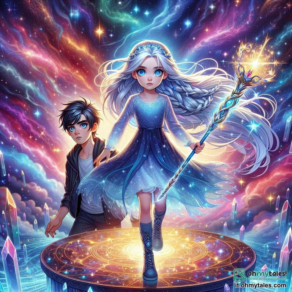 Una giovane donna di nome Lira, di circa 15 anni, si trova su una piattaforma astrale scintillante, con i suoi lunghi capelli argentati che fluttuano intorno a lei come filamenti di luce. Il suo volto esprime una determinazione luminosa, i suoi occhi brillano di un blu profondo, riflettendo le stelle che la circondano. Brandisce un bastone magico, il Bastone di Aethra, che emette lampi di luce dorata. Accanto a lei c'è Maal, un ragazzo di 16 anni con occhi argentati e capelli scuri, che osserva con un'espressione di preoccupazione e ammirazione, pronto a sostenere Lira. Il paesaggio è una vasta distesa di cosmos, con galassie e nebulose colorate sullo sfondo. La piattaforma è fatta di cristalli brillanti, sospesa sopra un abisso di stelle scintillanti, creando un'atmosfera magica e misteriosa. Lira è pronta ad affrontare le ombre minacciose che si delineano attorno a loro, mentre lampi di luce scaturiscono dal suo bastone, illuminando il vuoto spaziale. L'aria è carica di energia, e l'intensità del momento sottolinea la lotta tra luce e oscurità.