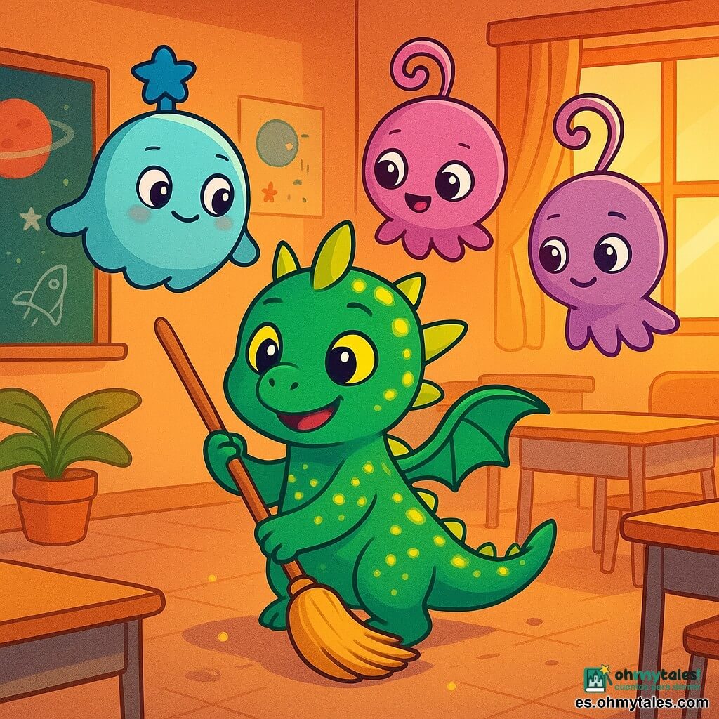 Lumo, un pequeño dragón del tamaño de una mochila, tiene escamas brillantes como luciérnagas y ojos amarillos chispeantes de curiosidad. Se encuentra en el centro de la clase 3B, barriendo el suelo con su cola, con una sonrisa alegre iluminando su rostro. Alrededor de él, los Astrellos, criaturas extraterrestres de formas suaves y redondeadas, flotan en el aire. Una mujer con una estrella azul en la cabeza tiene ojos de nácar y sonríe con benevolencia, mientras que un joven Astrello con antenas en espiral observa a Lumo con asombro, sus ojos redondos brillando de fascinación. El decorado es un aula colorida, con pupitres de madera, carteles de planetas en las paredes y una gran ventana dejando pasar una luz dorada. La pizarra está cubierta de dibujos a la tiza, y una planta verde se erige orgullosamente en un rincón. La situación principal muestra a Lumo y los Astrellos limpiando juntos, riendo e intercambiando objetos mágicos, creando una atmósfera de camaradería y alegría.