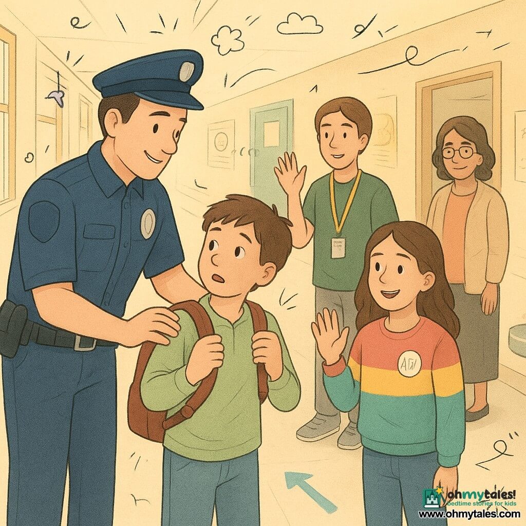 A smiling, calm thirty-something police officer with short brown hair and a clean navy uniform gently adjusts a young boy’s backpack straps to show the correct fit while a teenage girl, Suri, in a colorful sweatshirt with an “Ask Me” badge waves at passersby near a hallway fountain and a slightly shy but attentive teen boy, Mateo, wearing a yellow lanyard, says “Good evening”; a surprised then relieved nine-year-old fixes his pack with both straps as the officer demonstrates, and librarian Mrs. Patel, about 50, watches kindly from the study-room entrance in a long pastel-walled community center corridor with light linoleum flooring, blue adhesive walking arrows, simple “Quiet Zone” posters and a small bench by a silver fountain, a calm warm evening light filtering through high windows; style: soft tones, light contrast, rounded lines, crayon textures and small doodle overlays (stars, arrows, greeting bubbles) to emphasize the friendly atmosphere.