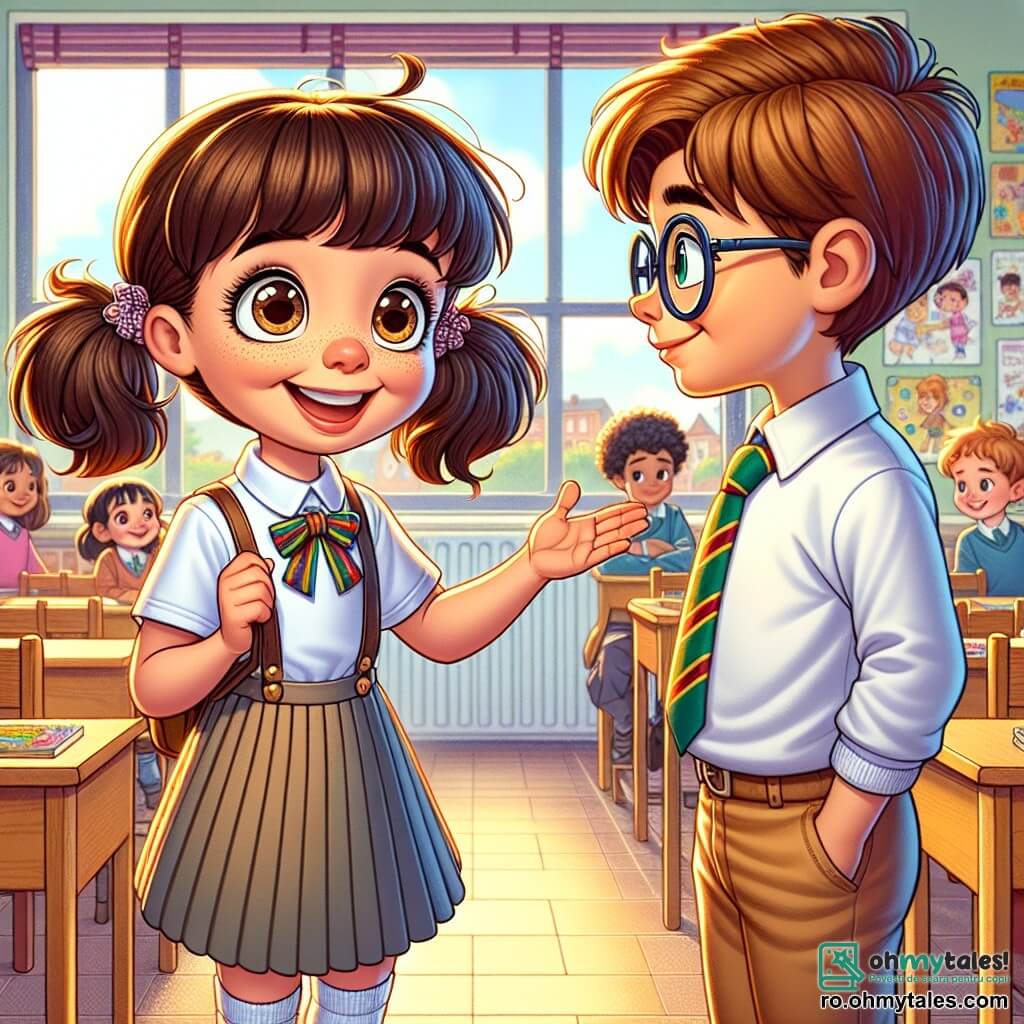 O fetiță de 10 ani, pe nume Maria, stă în centrul imaginii, cu două codițe brunete și ochi strălucitori de curiozitate. Ea poartă o uniformă școlară colorată, cu o fustă plisată și un tricou alb, și zâmbește larg, plină de entuziasm, în timp ce întinde mâna către un nou coleg. Lângă ea se află David, un băiat de 10 ani, puțin mai înalt decât ea, cu părul castaniu și ochelari. El pare puțin nervos, dar fața lui se luminează de bucurie când vede primirea călduroasă a Mariei. În fundal, se poate observa o clasă luminoasă, cu pereți decorați cu desene de copii, mese din lemn bine aranjate și o tablă neagră plină de culori vii. Feronierile lasă să intre lumina soarelui, creând o atmosferă primitoare și veselă. Situația principală o arată pe Maria prezentându-l pe David colegilor săi de clasă, încurajându-l să se alăture lor pentru a se juca și a învăța împreună, ilustrând astfel importanța prieteniei și incluziunii la școală.
