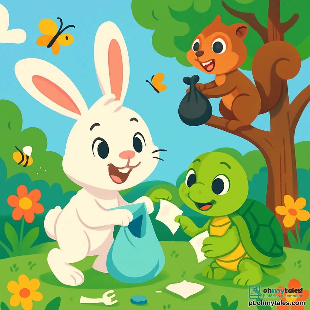 Um coelhinho chamado Rabu, com grandes orelhas e pelagem macia e branca, salta alegremente em um jardim vibrante de cores. Seus olhos brilhantes expressam excitação e determinação enquanto ele coleta lixo com um saquinho plástico. Ao seu lado, uma tartaruga chamada Tati, com uma carapaça verde e olhos travessos, sorri segurando um pedaço de papel em suas patas dianteiras, pronta para colocá-lo no saco. Um esquilo chamado Leco, com pelagem marrom e cauda espessa, sobe em um galho de árvore, segurando um saco de lixo, orgulhoso de contribuir com a causa. O jardim está cheio de flores coloridas, grandes árvores com folhas verdes e insetos felizes voando ao redor. Ao fundo, um céu azul claro ilumina a cena, criando uma atmosfera alegre e acolhedora. Rabu e seus amigos estão limpando o jardim, tornando o lugar mais bonito e saudável, enquanto se divertem juntos.
