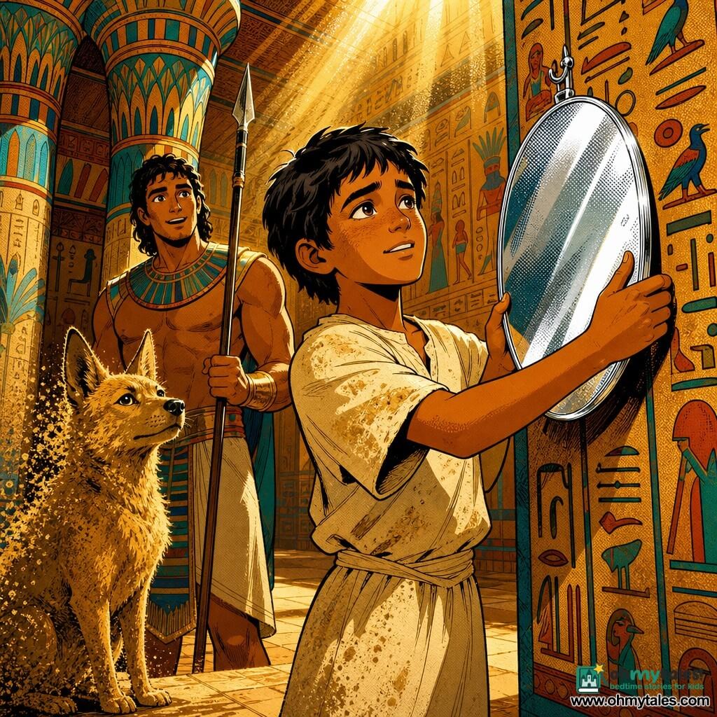 A relieved, tired young man Nebamun with tanned skin, short black hair and a sand-stained cream linen tunic gently lifts a large silver oval mirror—the Mirror of Seshat—onto a wall hook as Hori, about 30, broad-shouldered and smiling faintly, stands behind him on the right holding a spear and gazing in wonder at the mirror; to the left a golden-coated dog/jackal named Setem with bright black eyes sits at the threshold, fading into a wash of heat and dust; the scene is inside an Egyptian temple with papyrus-bundle columns painted blue and gold, ochre walls covered in colorful hieroglyphs, and a shaft of light from a high opening illuminating the mirror, creating an atmosphere of relief and calm in a warm ochre, gold and turquoise palette with bright silver highlights on the mirror.