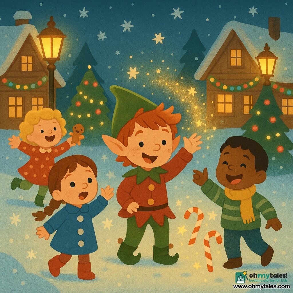 There are four children: a mischievous elf boy (~6) with pale skin, messy red hair, a pointed green hat and red bell-trimmed jacket at center front scattering magical dust with his right hand; a ~7-year-old girl with brown braided hair, sky-blue coat with large white buttons and red boots to his left, hands raised in wonder toward snow-star sparks; a ~7-year-old boy with tan skin, short black hair, green-and-white striped sweater and yellow scarf to his right, laughing and pointing at dancing red-and-white candy canes; and a ~6-year-old girl with fair skin, curly blonde hair, red polka-dot dress and green tights slightly behind left, holding a gingerbread man and skipping with joy. They stand on a snowy village square at night with wooden houses adorned with multicolored garlands, golden streetlamps casting warm light, decorated fir trees, and star-shaped snowflakes falling; the elf’s gentle magic makes lights blink in joyful patterns, candy canes hop like dancers, and flakes turn into little golden stars around the laughing children.