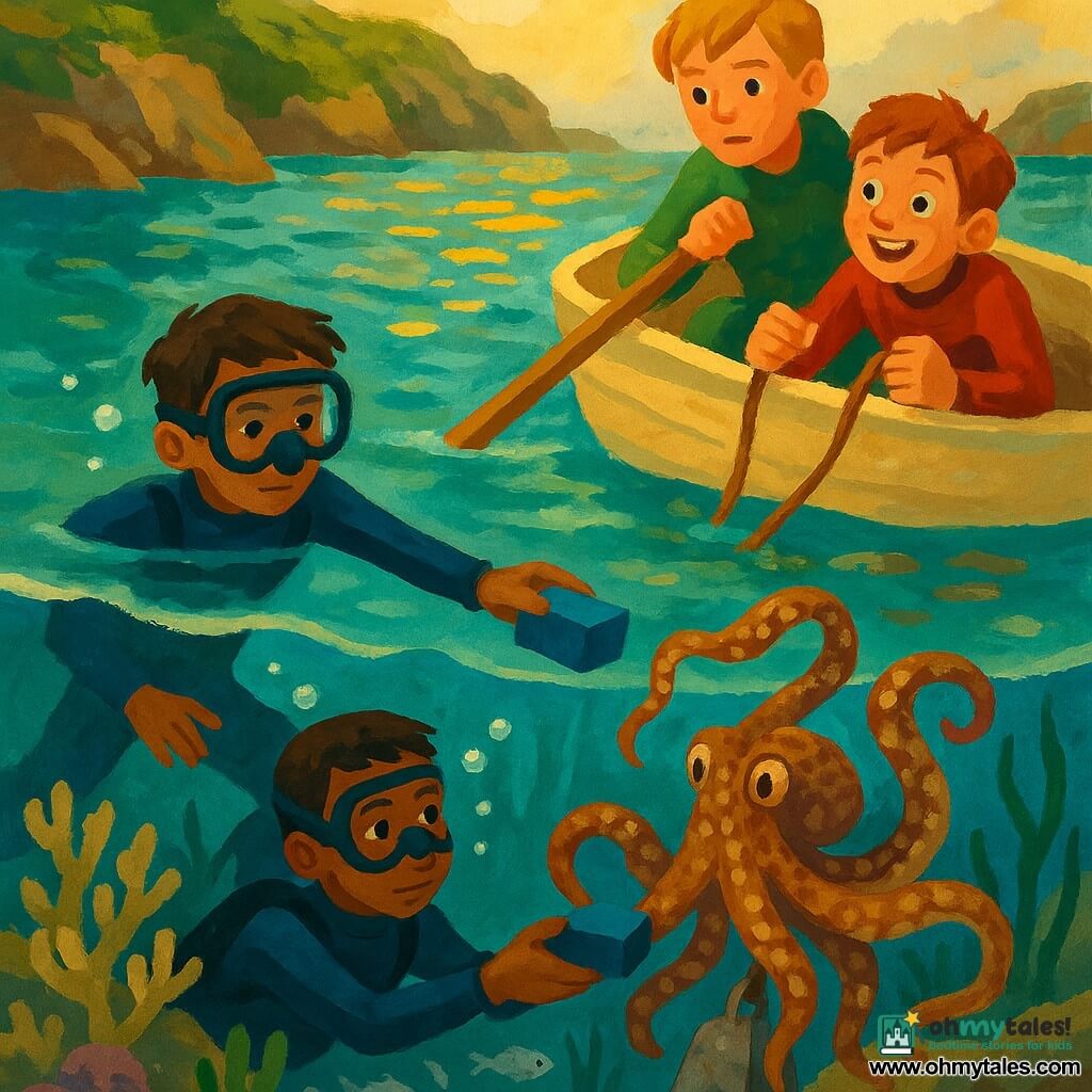 Three boys, about 12: Milo (short brown hair, calm eyes) underwater at left in a dark blue wetsuit and mask, offering a small hard blue box to distract a brown-and-cream octopus with textured tentacles holding a metal weight; Finn (blond, worried but attentive) in a small boat at right in a green wetsuit, leaning over with an oar, watching Milo; Jay (red hair, freckles, excited) in a red wetsuit in the boat near Finn, gripping a rope and admiring the scene. A small coastal reef: turquoise to deep blue water, sparkling surface with golden sunlight rays, colorful corals and pale sand, a few silver fish and seaweed around a rocky ledge; bubbles, descending light beams, visible ropes and diving gear, thick gouache-like textures and vivid colors.
