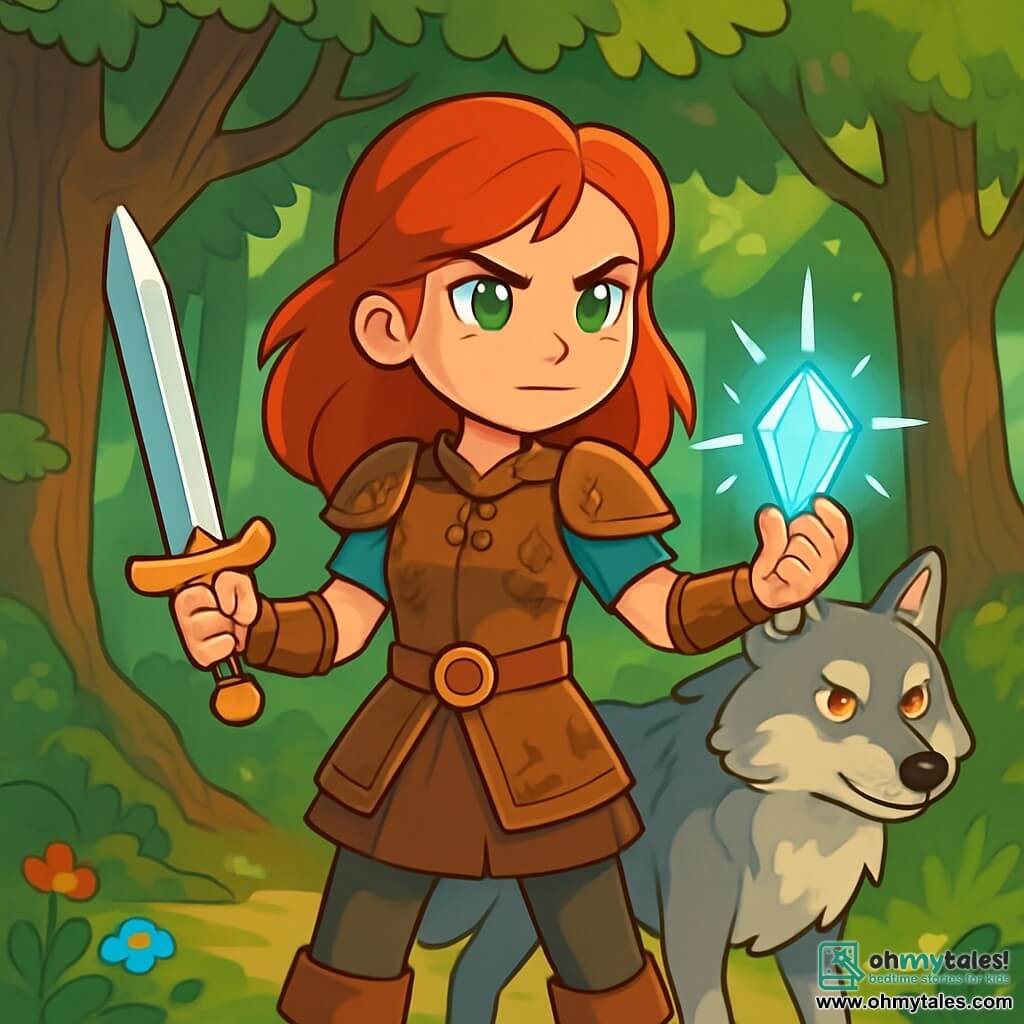A young woman, Seris, stands at the center of the scene, with vibrant red hair and bright emerald eyes, displaying a determined and brave expression. She wears light brown leather armor adorned with floral patterns and holds a shimmering sword in her right hand, while in her left hand, she clutches a small glowing crystal, the Heart of Unity. Beside her, a majestic wolf, Fen, with golden eyes and silver-gray fur, stands ready to protect her. He attentively surveys their surroundings, his ears perked up as if sensing imminent danger. In the background, a dense forest with towering trees, gnarled trunks, and bright green leaves creates a mystical atmosphere. Rays of light filter through the foliage, illuminating the moss-covered ground and colorful flowers. The main scene shows Seris and Fen preparing to embark on a quest, determined to unite the kingdoms against the darkness threatening their world. A gentle breeze makes the leaves dance around them, adding a touch of magic to this crucial moment.