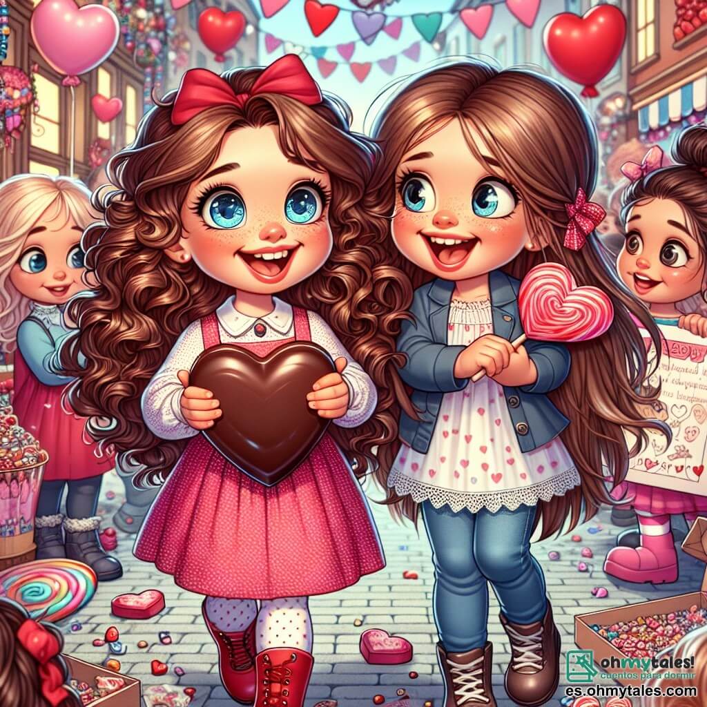 Una niña de 8 años, Valentina, con cabello rizado y brillante, lleva un vestido rosa con lunares blancos y botas rojas. Tiene una gran sonrisa alegre y ojos chispeantes de emoción mientras sostiene un gran corazón de chocolate en sus manos. Junto a ella, su mejor amiga Lucía, también de 8 años, tiene el cabello largo y liso, atado en dos coletas. Lleva una blusa azul y un pantalón de mezclilla, y se ríe mirando a Valentina, con las mejillas sonrojadas por el entusiasmo. La escena transcurre en una calle animada decorada con globos rojos en forma de corazón, guirnaldas coloridas y puestos de dulces. Niños juegan alrededor, algunos escriben cartas en corazones de papel, mientras que otros degustan golosinas. Valentina y Lucía, rodeadas de risas y colores, preparan una sorpresa para el Día de San Valentín, compartiendo dulces y risas, creando una atmósfera de alegría y amistad.