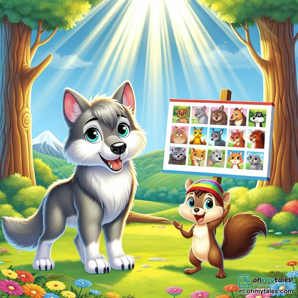 In een zonnige open plek van een weelderig bos staat een jonge grijze wolf met heldere ogen, die vastberadenheid en vreugde uitstraalt. Hij staat rechtop naast een grote kleurrijke poster met verschillende dieren. Zijn vacht is zacht en zijdeachtig, en zijn blik is vol hoop. Naast hem staat een energiek bruin eekhoorntje dat breed glimlacht. Ze draagt een klein gekleurd hoedje en houdt een andere poster vast met afbeeldingen van hun project over diversiteit. Ze lijkt enthousiast en bemoedigend, trots naast haar vriend de wolf. Op de achtergrond wordt de open plek omringd door majestueuze bomen, met zonnestralen die door de bladeren filteren, wat een warme en uitnodigende sfeer creëert. Multikleurige bloemen sieren de grond en voegen een vleugje magie toe aan de scène. De hoofdscène toont de wolf en het eekhoorntje die hun project over diversiteit presenteren aan hun dierenvrienden, die aandachtig luisteren, wat een moment van delen en leren over acceptatie en vriendschap creëert.