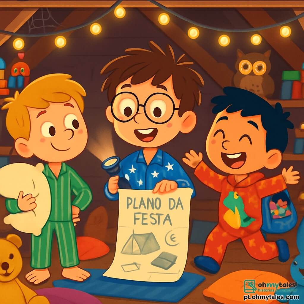 Há 3 personagens: João, um garoto de 8 anos com cabelos castanhos bagunçados e óculos redondos, vestido com um pijama azul com estrelas brancas, segurando uma lanterna, está no centro, olhando o plano da festa com um grande sorriso; Pedro, um garoto de 9 anos com cabelos loiros e sardas, vestindo um pijama verde listrado e segurando um grande travesseiro, está à esquerda de João, com uma expressão curiosa e divertida; Lucas, um garoto de 8 anos com cabelos negros e um grande sorriso, usa um pijama de dinossauro vermelho e carrega uma mochila cheia de doces, está à direita de João, pulando de excitação. O cenário é o velho sótão da casa de João, cheio de brinquedos coloridos, livros antigos e teias de aranha brilhantes, com luzes penduradas no teto, criando um ambiente acolhedor e misterioso. A cena mostra os três amigos se preparando para sua festa de pijama maluca, rindo juntos, cercados por almofadas macias e pelúcias gigantes, enquanto uma coruja curiosa os observa de uma prateleira.