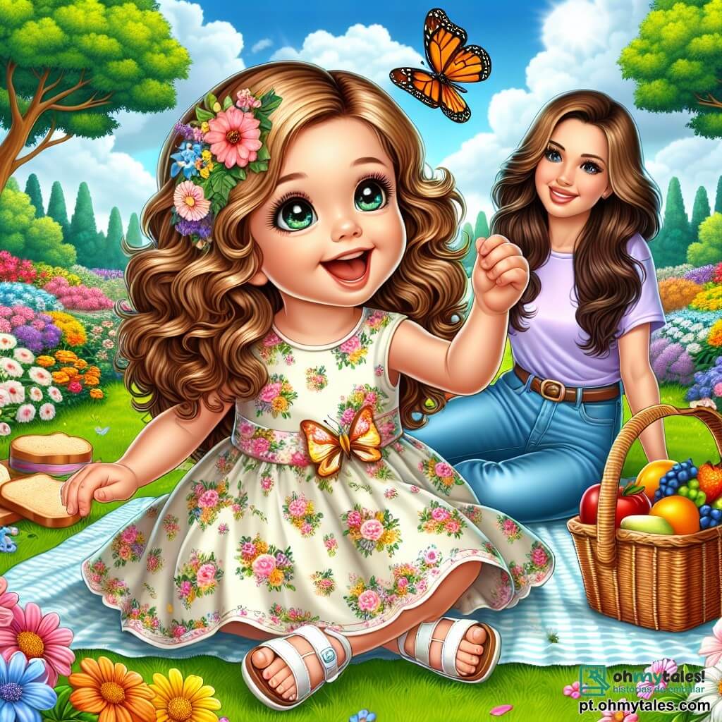Uma menina de 2 anos, Clara, com grandes olhos brilhantes e cabelos cacheados castanhos, sorri maravilhada no meio de um jardim colorido. Ela usa um vestido leve com flores e sandálias, estendendo a mão para uma linda borboleta laranja que voa ao seu redor, demonstrando sua alegria e curiosidade. Ao lado dela, sua mãe, uma mulher de cerca de 30 anos, com cabelos longos e lisos, vestida com uma camiseta pastel e jeans, sorri ternamente ao olhar para Clara, sentada na grama verde. Ela segura uma cesta de piquenique cheia de frutas e pão, pronta para compartilhar um momento de felicidade com a filha. O jardim está repleto de flores vibrantes de todas as cores: rosas, amarelas e azuis, sob um céu azul claro com nuvens brancas fofas. Árvores majestosas cercam o jardim, e um suave perfume de flores paira no ar. A cena principal mostra Clara brincando e correndo atrás da borboleta, enquanto sua mãe prepara um piquenique, criando uma cena alegre e cheia de vida, simbolizando a beleza da primavera.