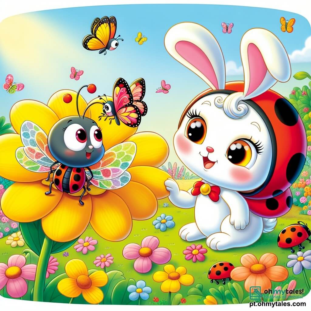 Uma joaninha chamada Lili, com um corpo vermelho vivo salpicado de manchas pretas, expressa uma grande curiosidade com seus olhos brilhantes. Ela está voando alegremente perto de uma grande flor amarela, suas pequenas asas translúcidas brilham sob o sol. Ao lado dela, um travesso coelhinho chamado Tico, com pelagem branca e orelhas longas, observa atentamente a cena, pronto para ajudar. Eles estão em um jardim colorido, cheio de flores vibrantes, ervas verdes e borboletas dançantes. A cena principal mostra Lili e Tico libertando uma linda borboleta de asas multicoloridas, presa em uma teia de aranha, com um ar determinado em seus rostos.