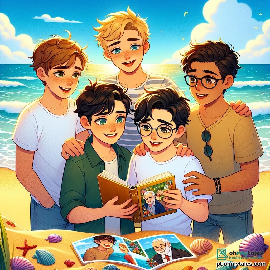 Em uma pequena praia ensolarada, quatro meninos de doze anos estão juntos. Lucas, com cabelos castanhos e olhos tristes, olha para o horizonte, segurando um álbum de fotos. Ao seu lado, Miguel, com cabelos loiros e um sorriso radiante, tenta confortar o amigo colocando a mão em seu ombro. Rafael, usando óculos e com cabelos castanhos, folheia o álbum, mostrando uma foto de um homem idoso sorridente, enquanto Tiago, com cabelos negros e olhos brilhantes, observa o mar com um olhar pensativo. O cenário é uma praia dourada, com ondas suaves quebrando na areia. Conchas coloridas estão espalhadas na costa, e palmeiras balançam suavemente ao vento. O céu é de um azul brilhante, com algumas nuvens brancas. A cena principal mostra os quatro amigos prestando homenagem ao avô de Lucas, lançando flores na água, simbolizando seu amor e memória. As flores flutuam suavemente na superfície do mar, enquanto o sol se põe no horizonte, criando uma atmosfera melancólica e cheia de esperança.